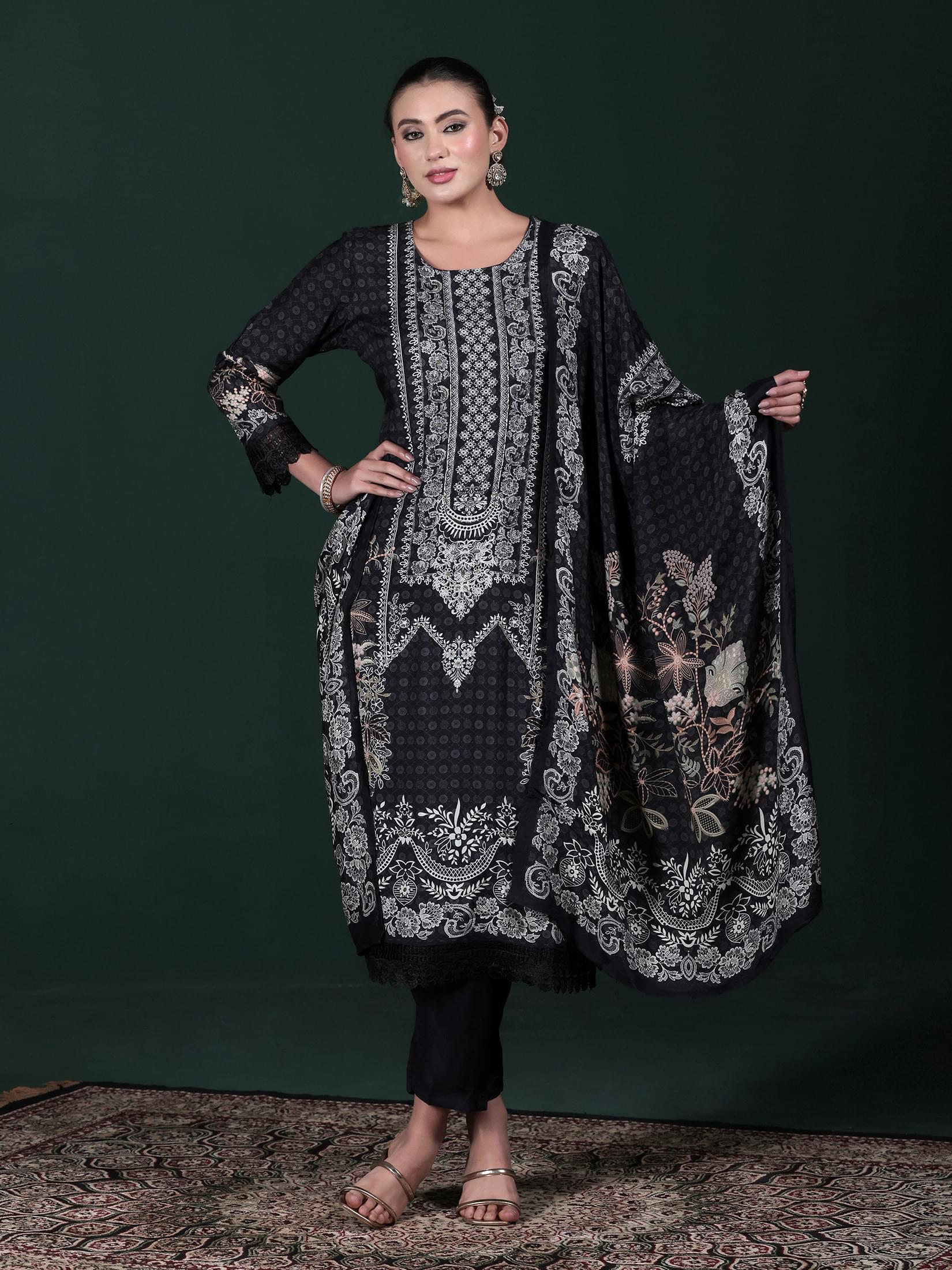 Women Muslin Black Printed Kurta Comfort Pant Dupatta.