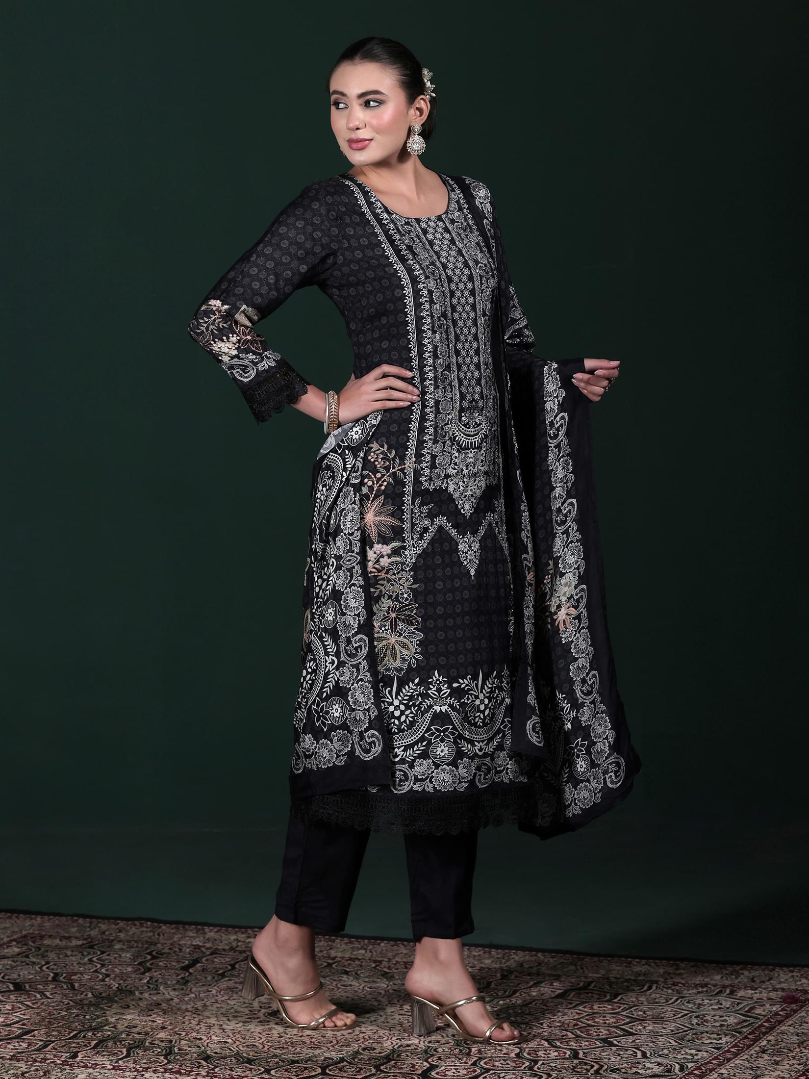 Women Muslin Black Printed Kurta Comfort Pant Dupatta.