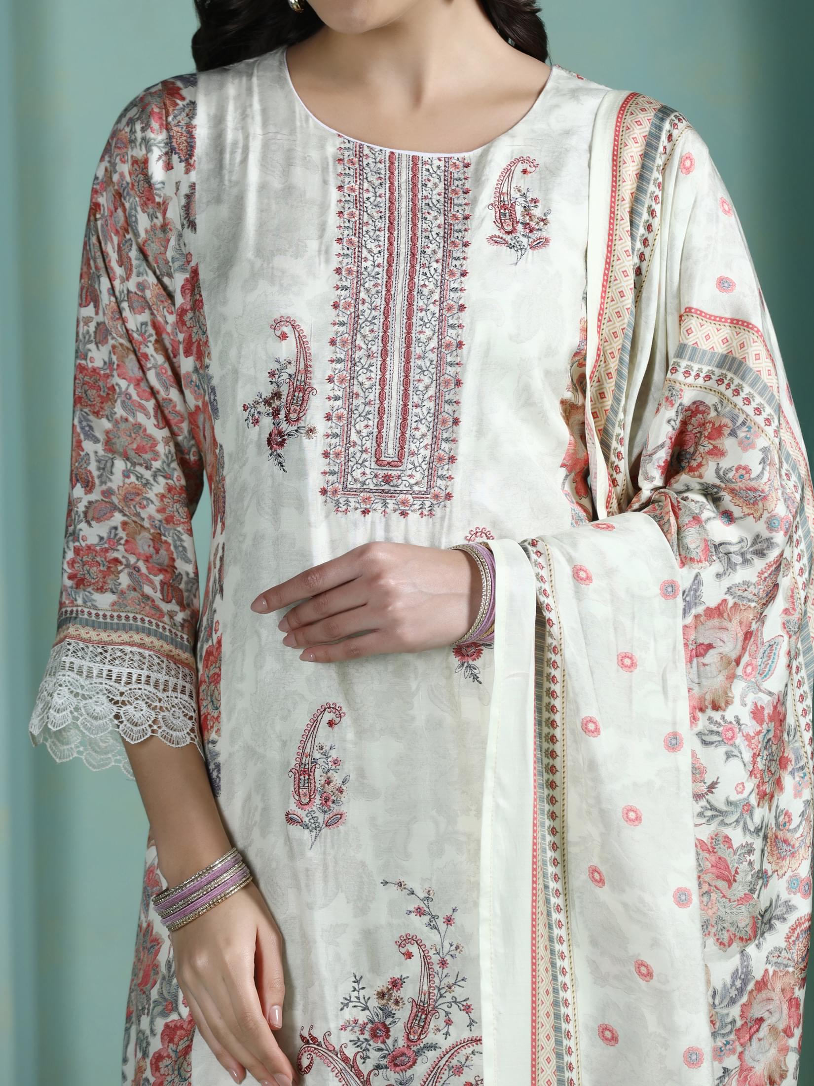 Women Muslin Multicolor Embroidered Kurta Comfort Pant Dupatta.