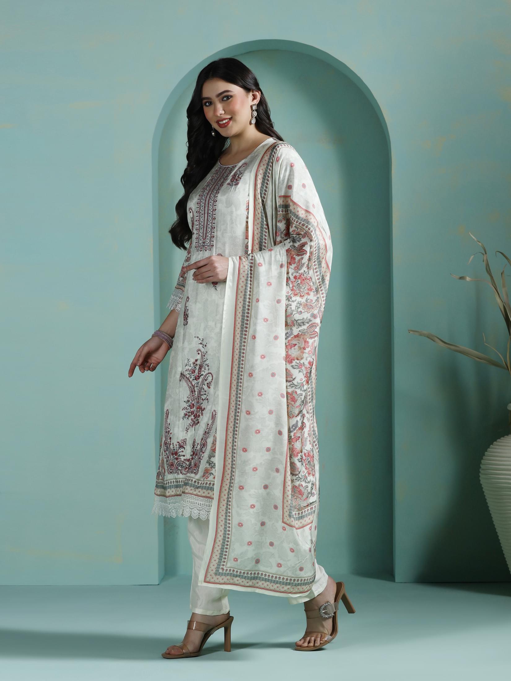 Women Muslin Multicolor Embroidered Kurta Comfort Pant Dupatta.