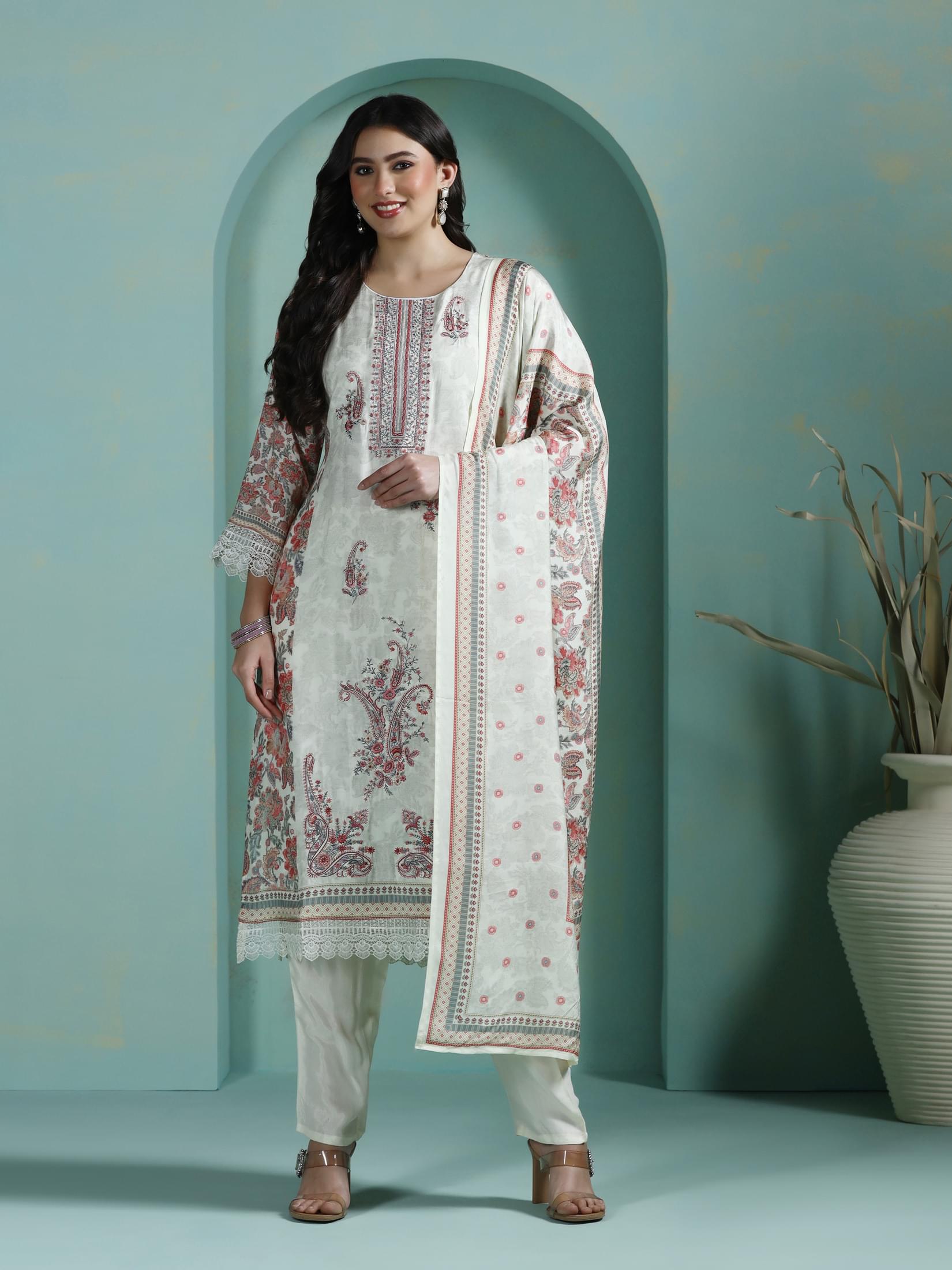 Women Muslin Multicolor Embroidered Kurta Comfort Pant Dupatta.
