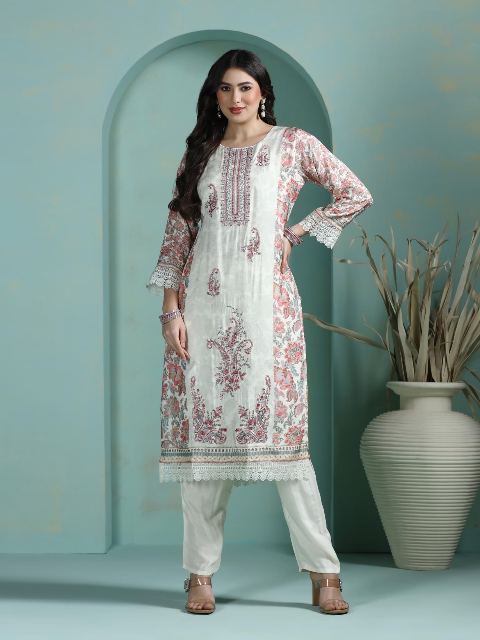 Women Muslin Multicolor Embroidered Kurta Comfort Pant Dupatta.