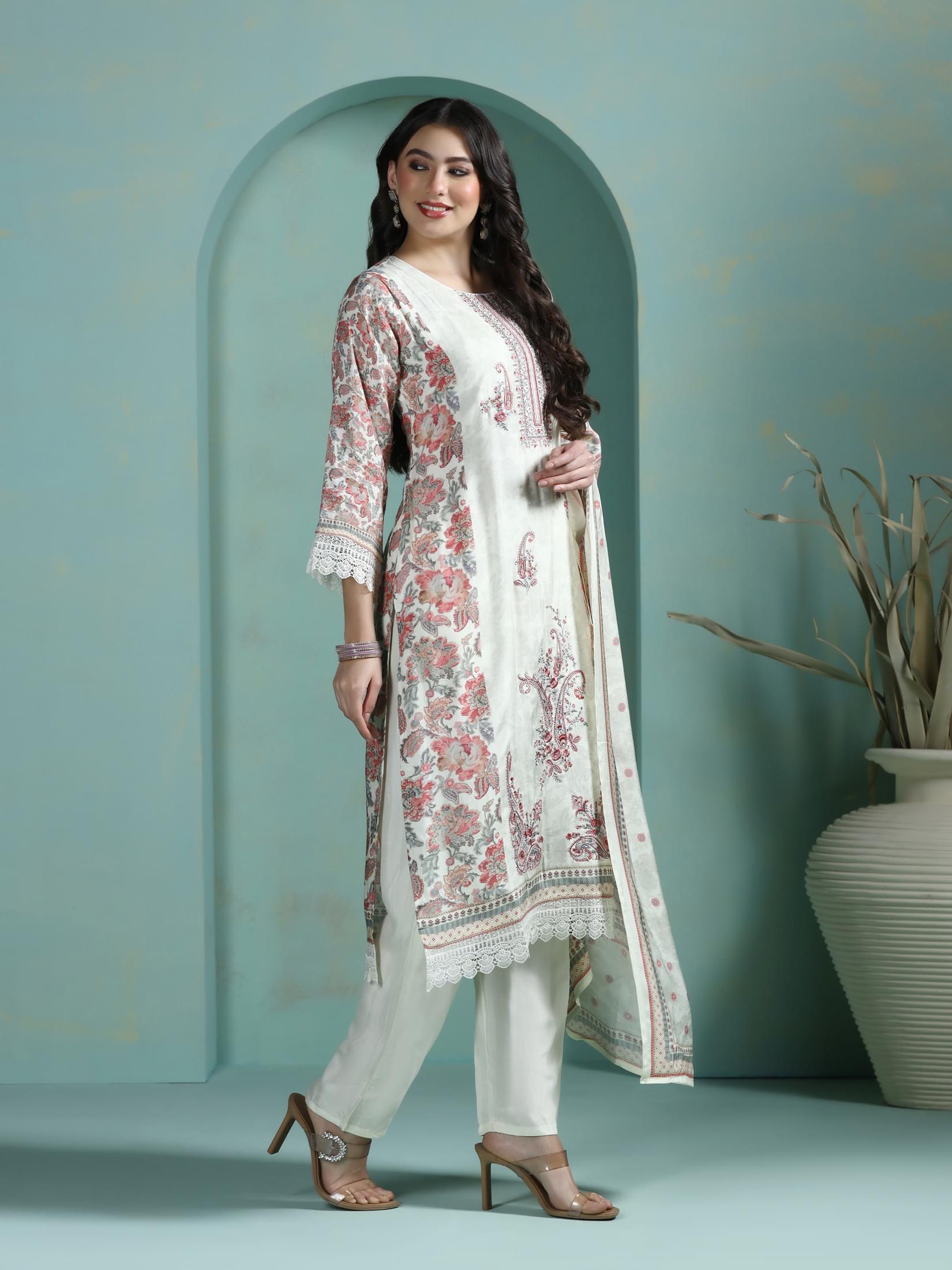 Women Muslin Multicolor Embroidered Kurta Comfort Pant Dupatta.