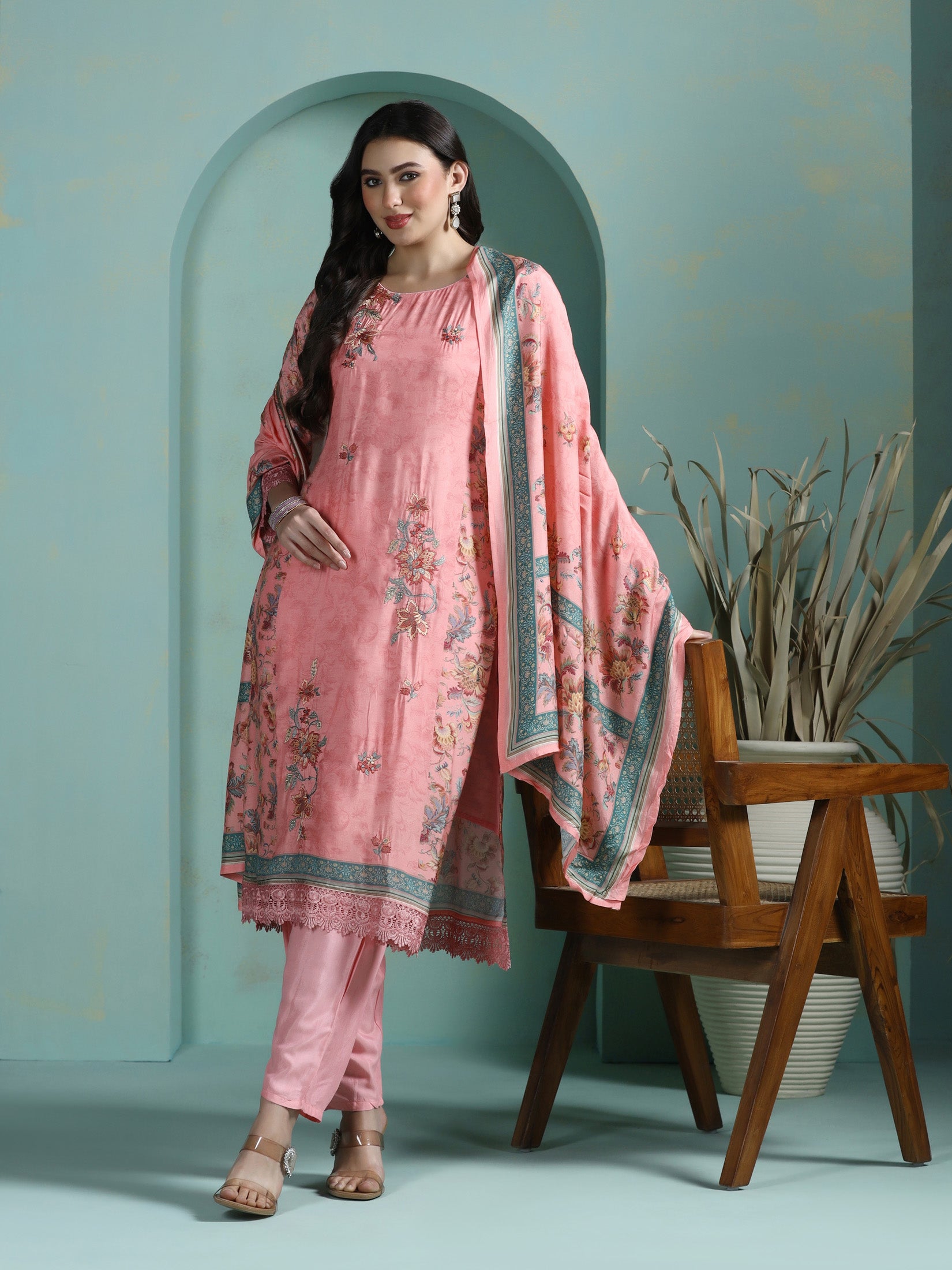 Women Muslin Pink Embroidered Kurta Comfort Pant Dupatta