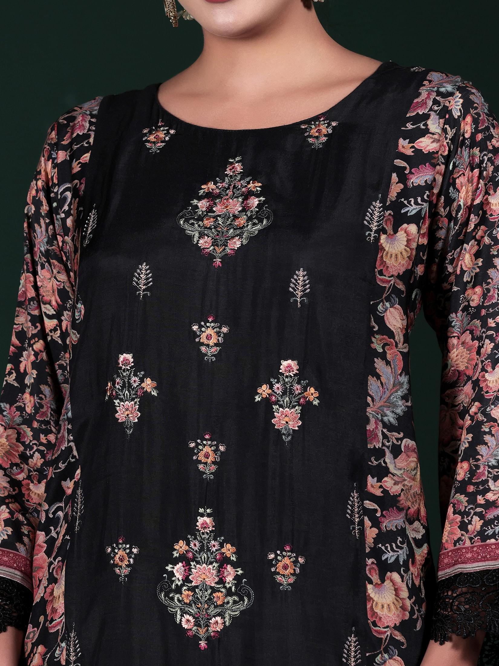 Women Muslin Black Embroidered Kurta Comfort Pant Dupatta.