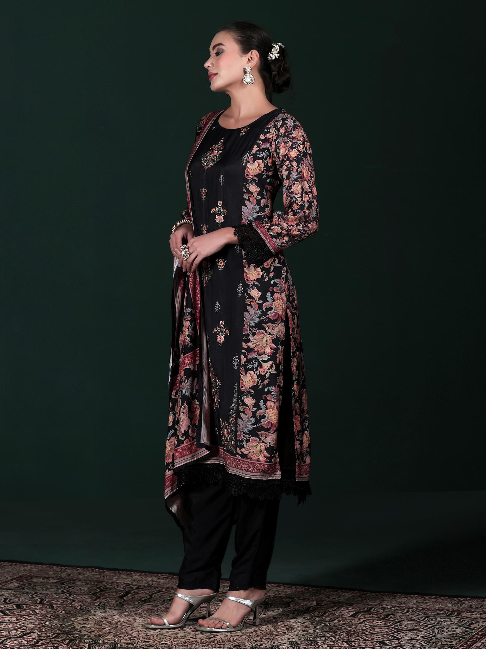 Women Muslin Black Embroidered Kurta Comfort Pant Dupatta.