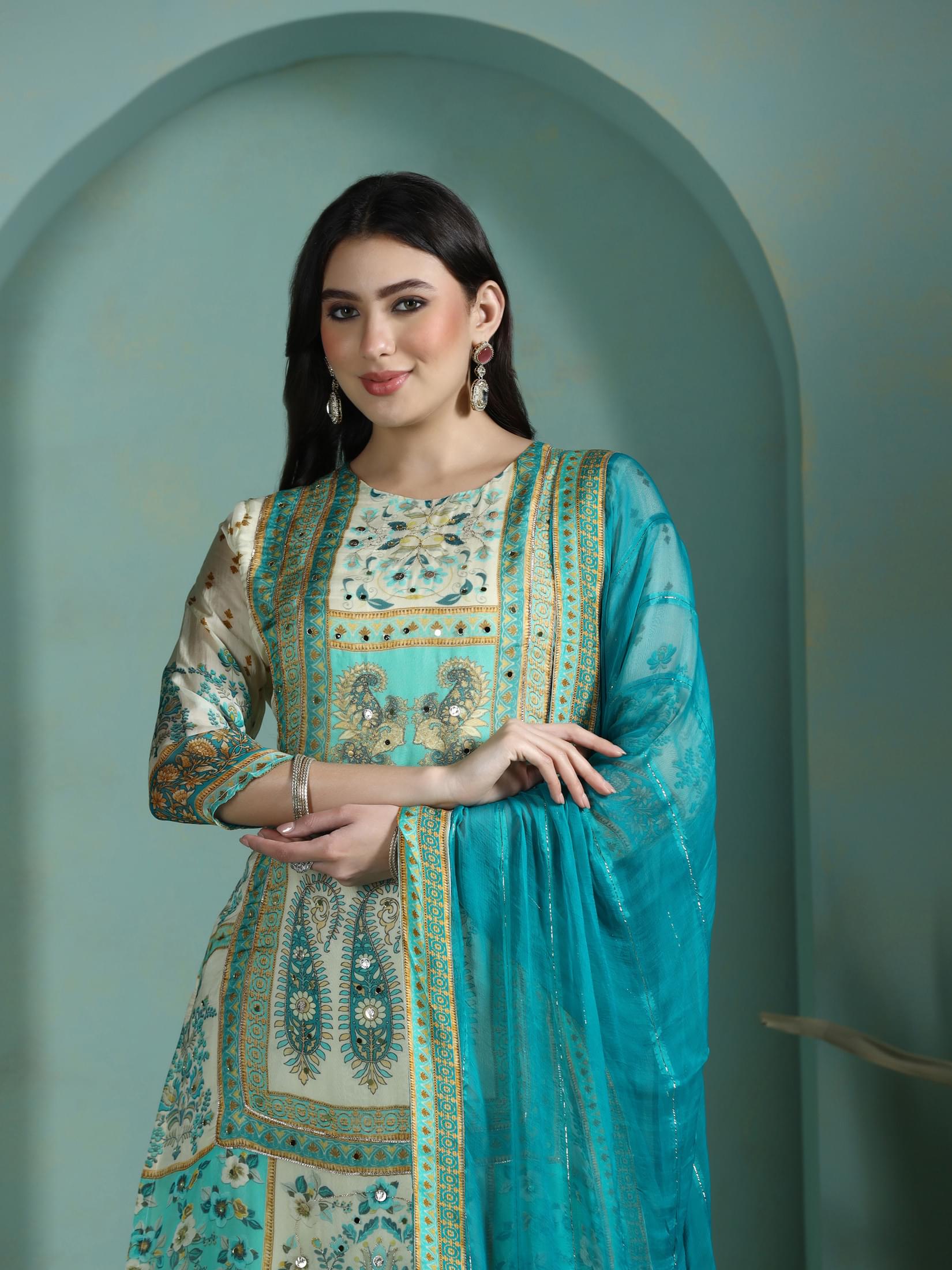 Women Georgette Cream Printed Kurta Comfort Pant Dupatta.