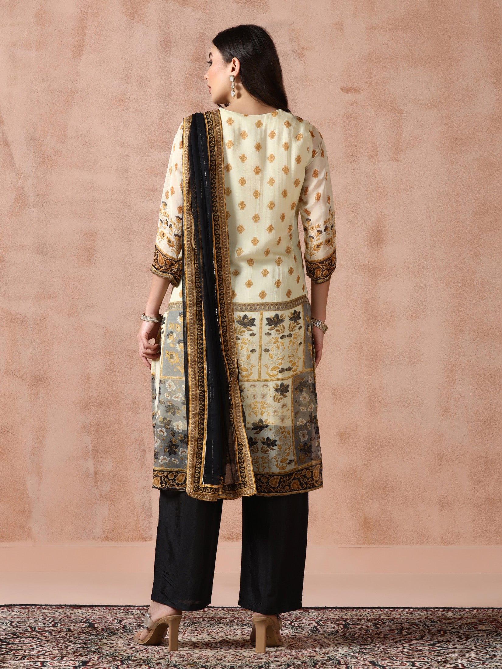 Women Georgette Beige Printed Kurta With Comfort Pant Dupatta
