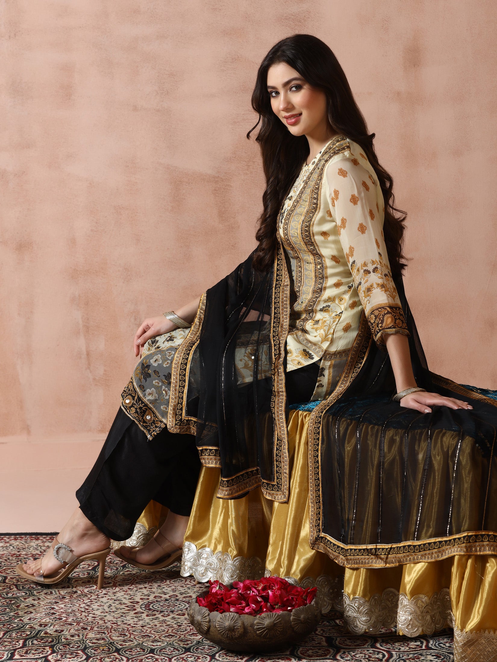 Women Georgette Beige Printed Kurta With Comfort Pant Dupatta