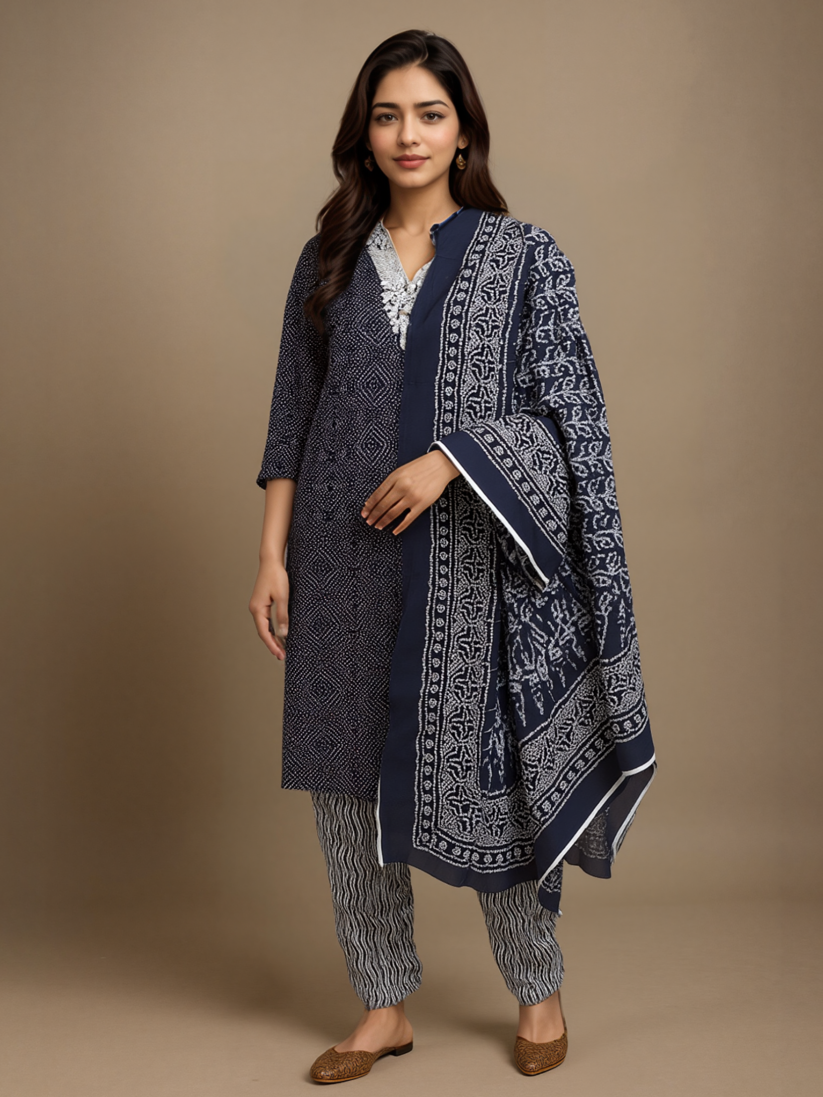Indiessence Women Cotton Indigo Embroidered Kurta Comfort Pant Dupatta