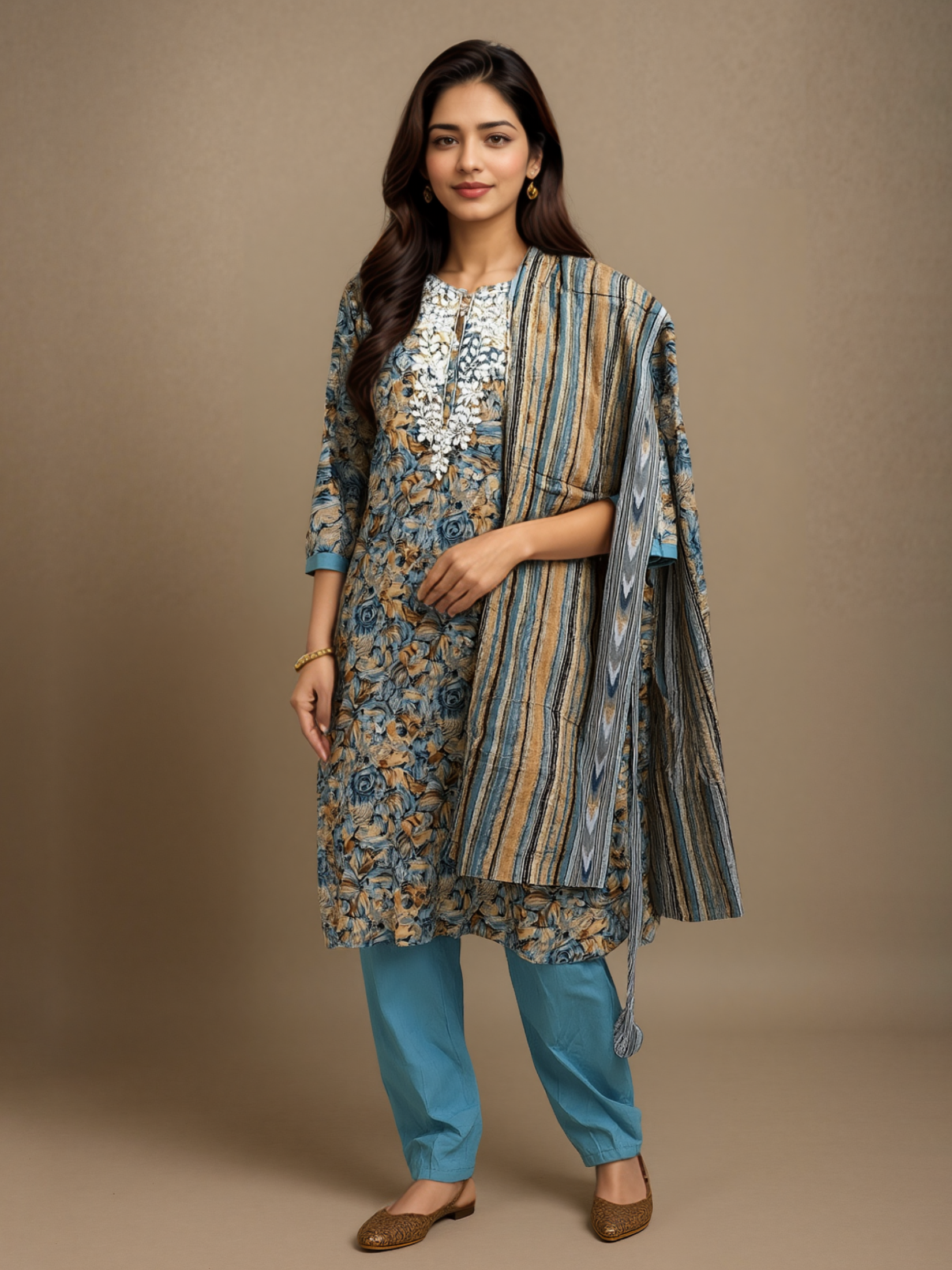 Indiessence Women Cotton Turquoise Blue Embroidered Kurta Comfort Pant Dupatta