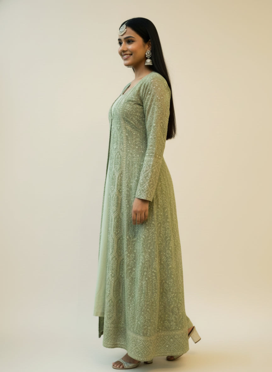 Women Green Georgette Embroidered Fit And Flare Dress