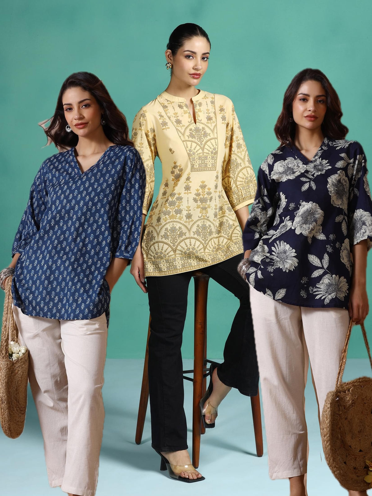 The Printed Tunic Trio | Navy, Indigo & Yellow