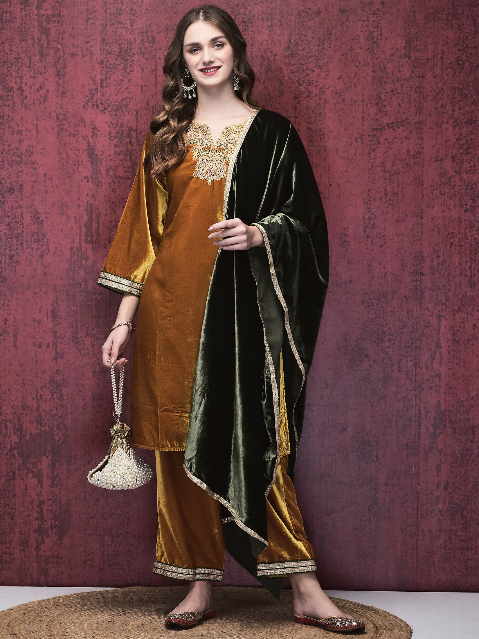 Women Winter Velvet Mustard Embroidered Kurta Comfort Pant Dupatta.