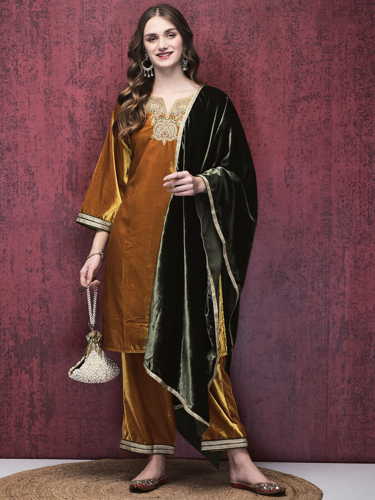 Women Winter Velvet Mustard Embroidered Kurta Comfort Pant Dupatta.