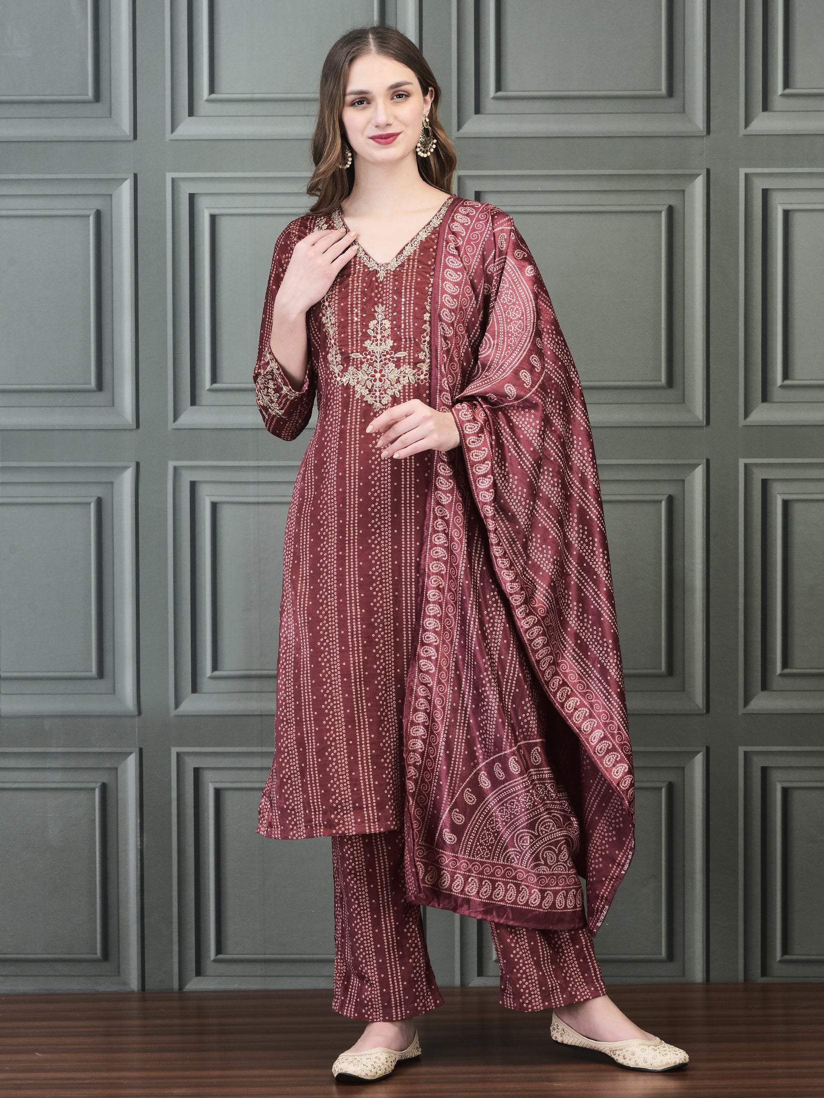 Women Winter Velvet Burgundy Kurta Comfort Pant Dupatta.