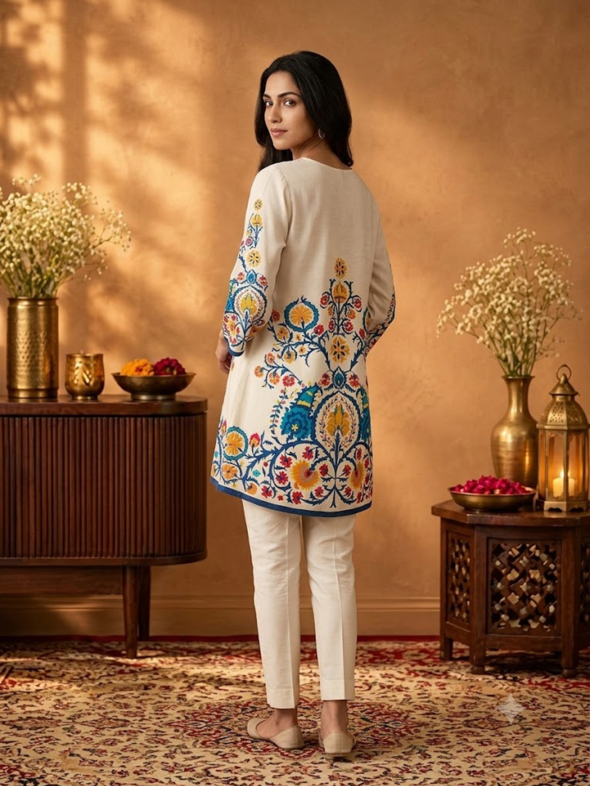 Women Off White Rayon Sujani Tunic