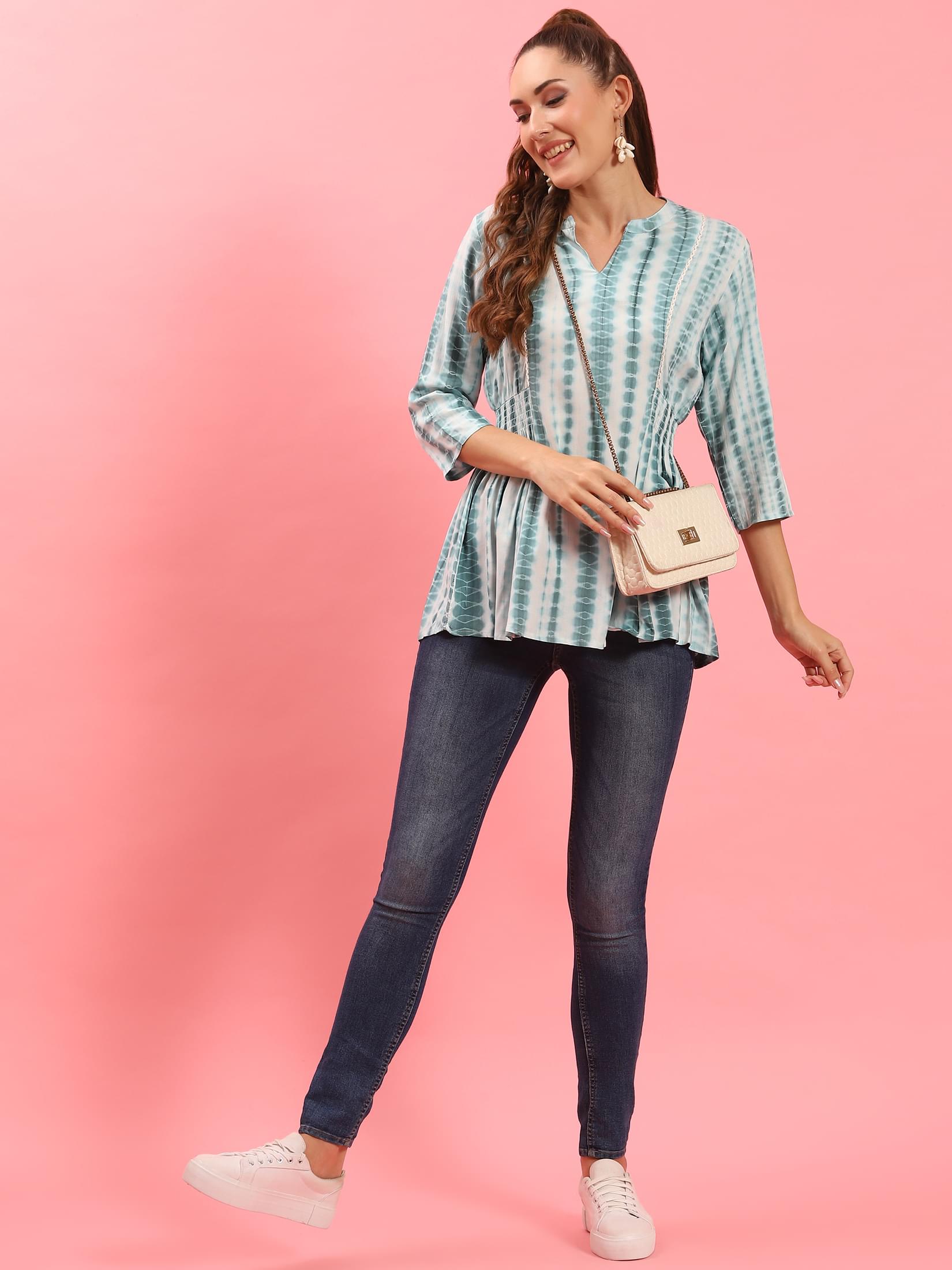 Women Blue Tie Dye Printed Tunic.