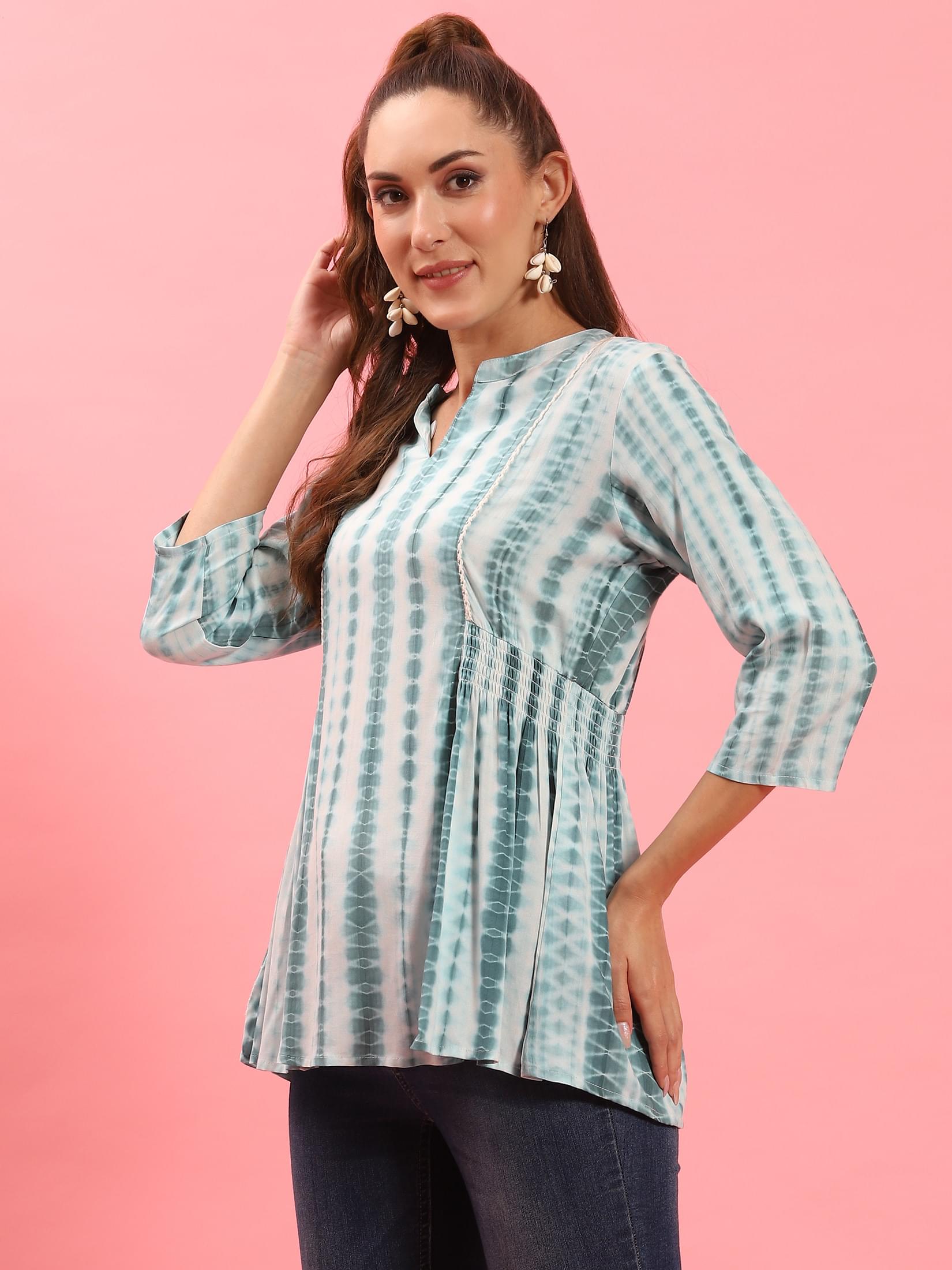 Women Blue Tie Dye Printed Tunic.