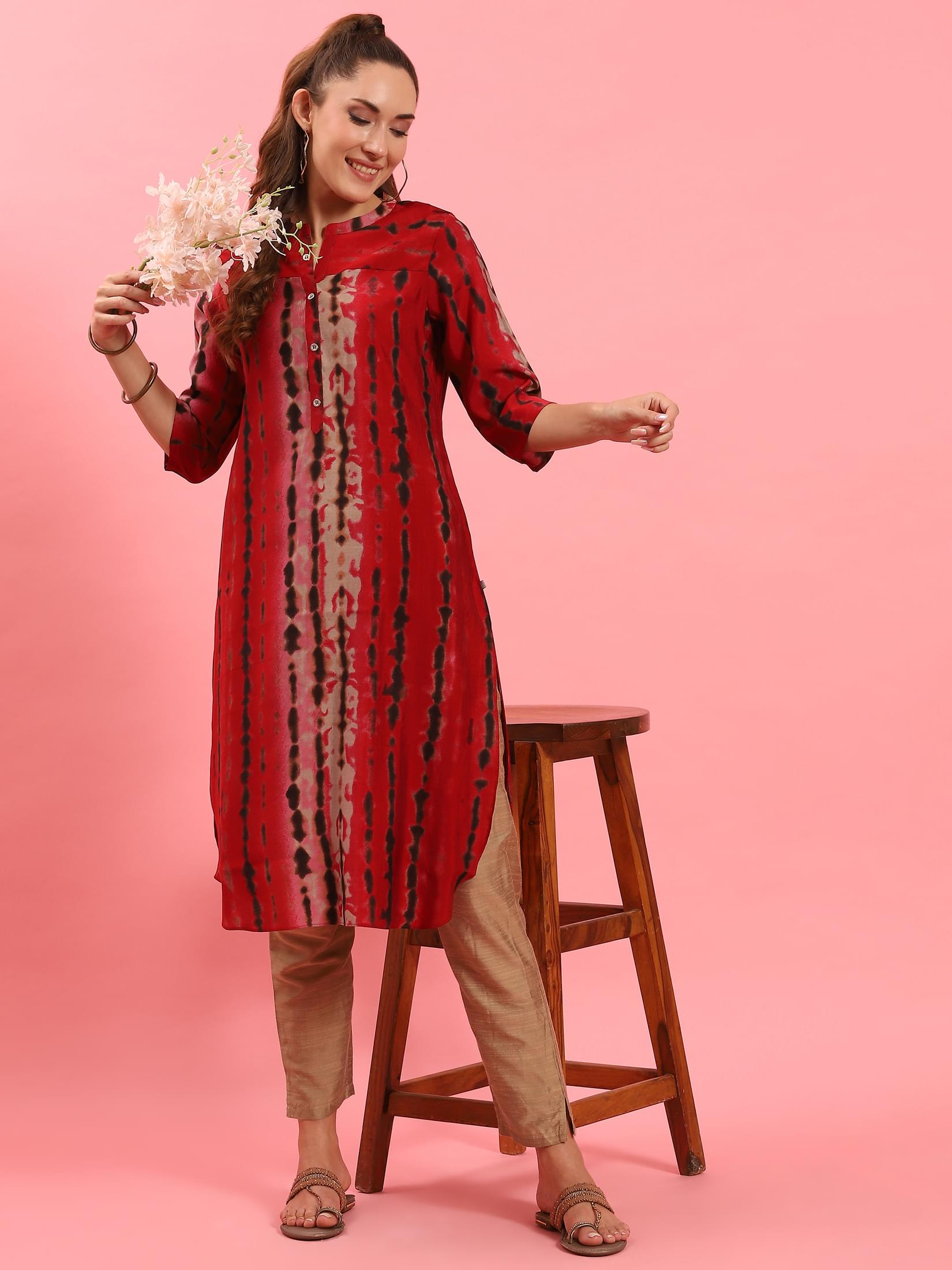 Women Red Stripe Printed Kurta.