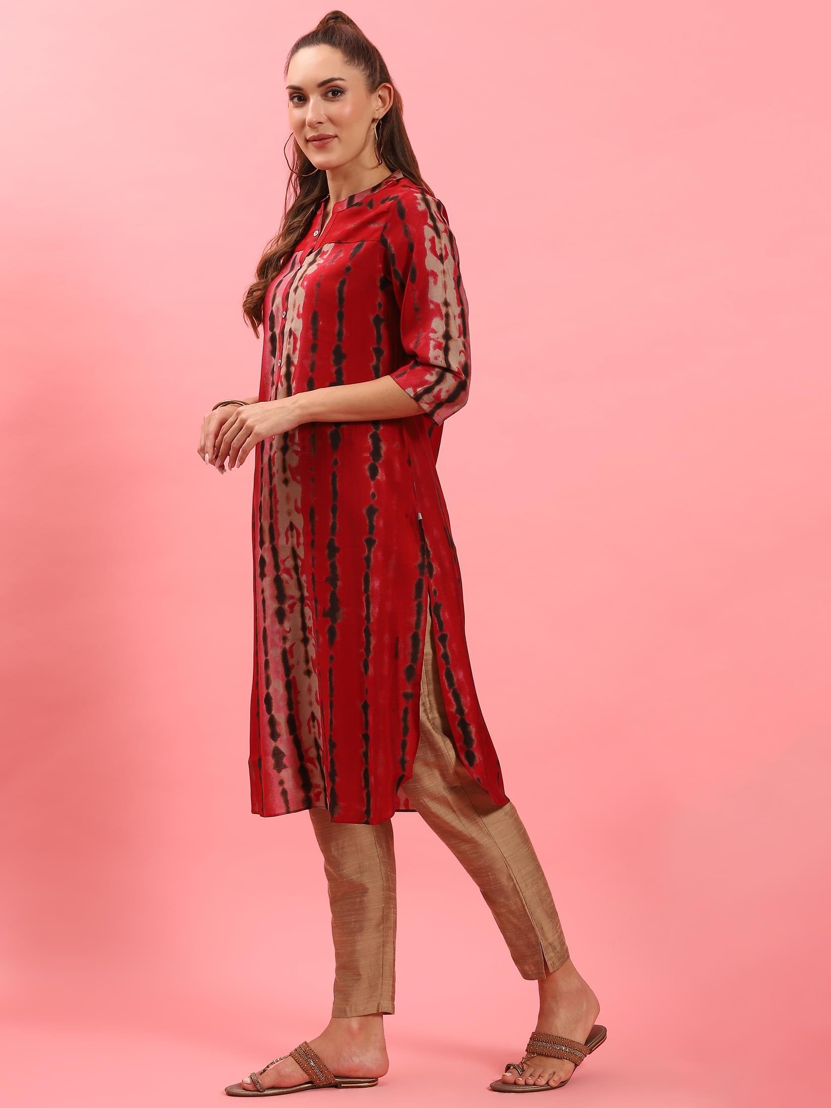 Women Red Stripe Printed Kurta.