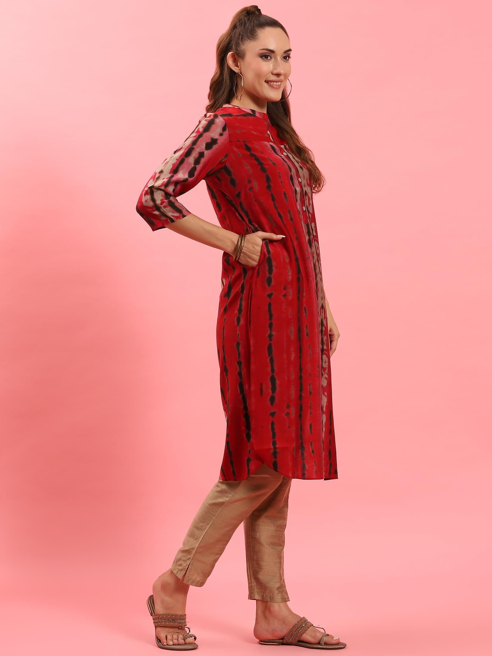 Women Red Stripe Printed Kurta.