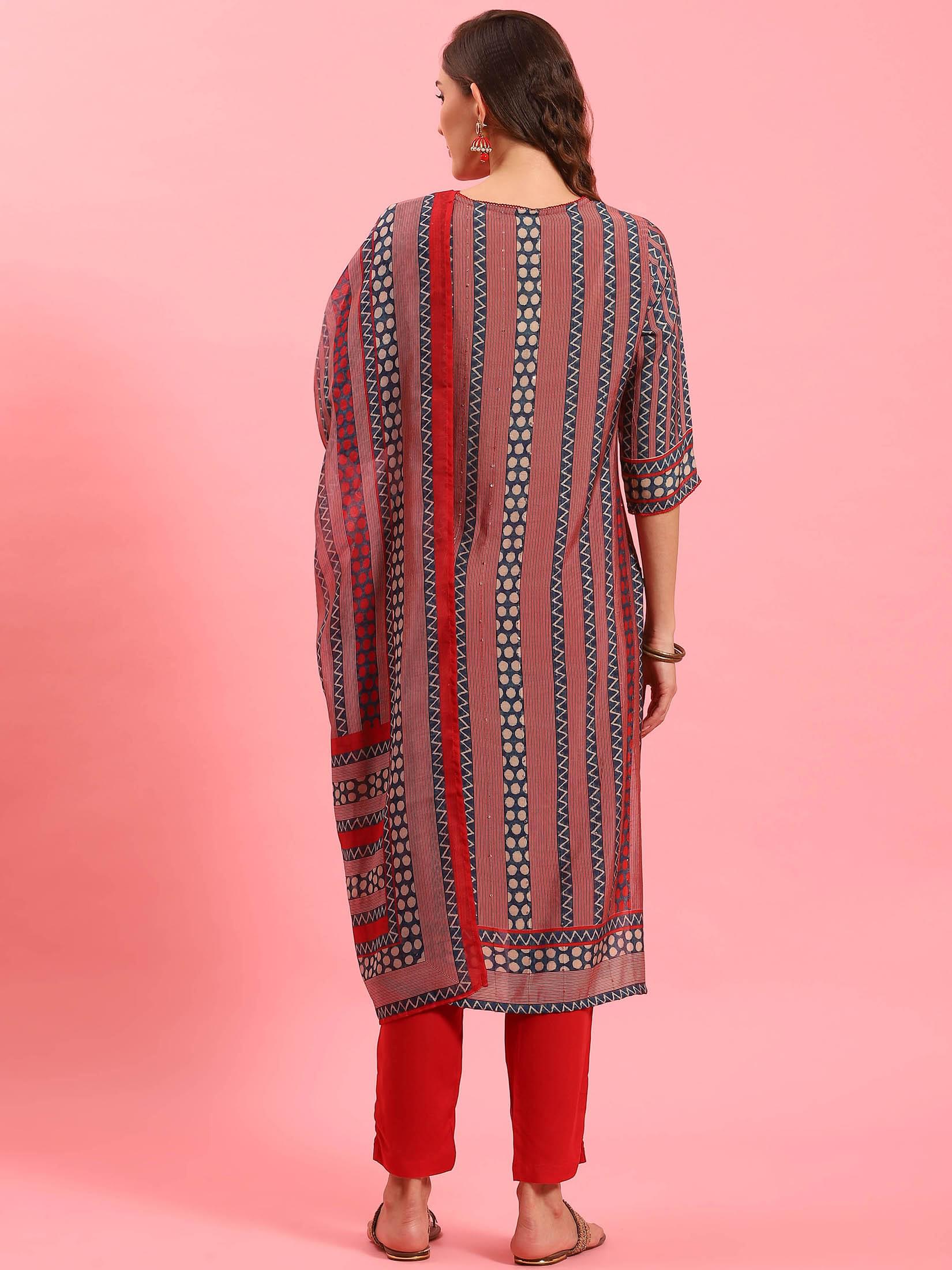 Women Red Geometric Printed Kurta Trouser Dupatta.