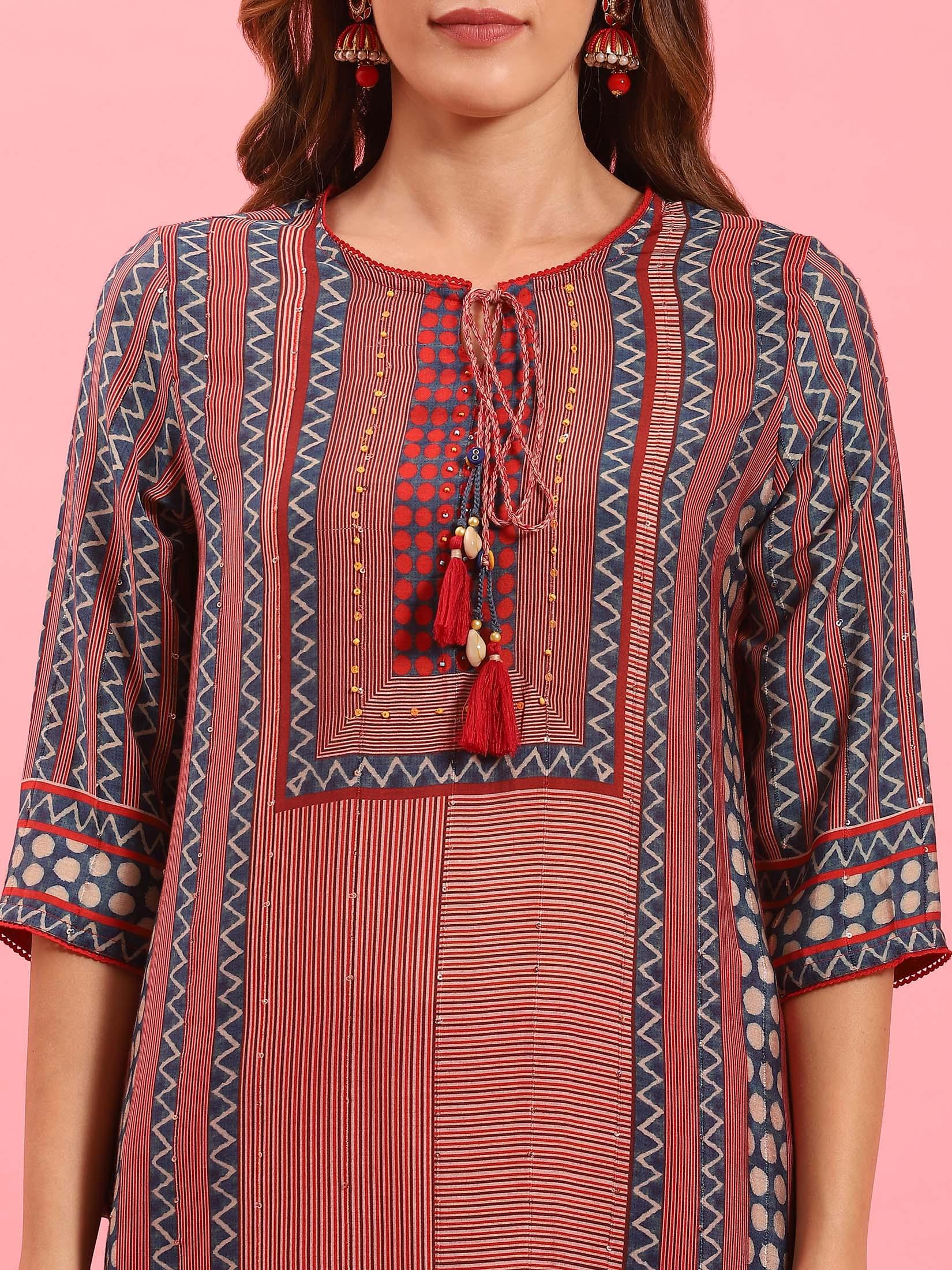 Women Red Geometric Printed Kurta Trouser Dupatta.