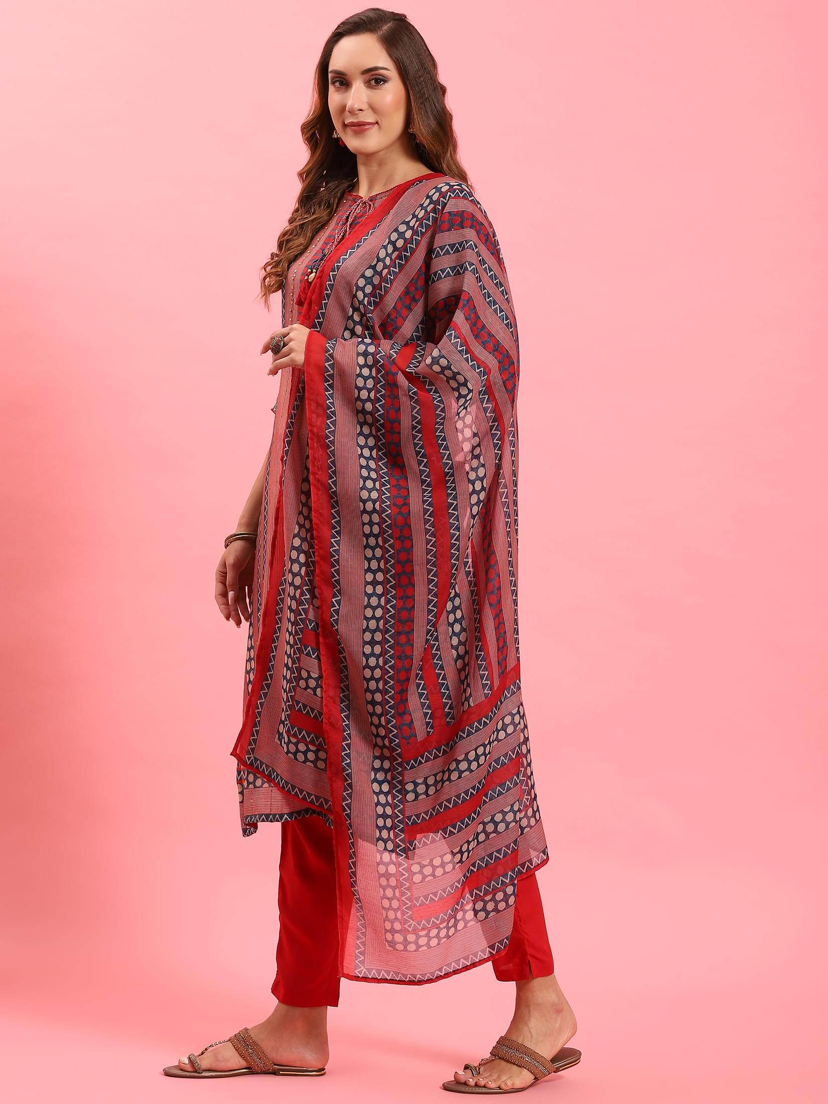 Women Red Geometric Printed Kurta Trouser Dupatta.