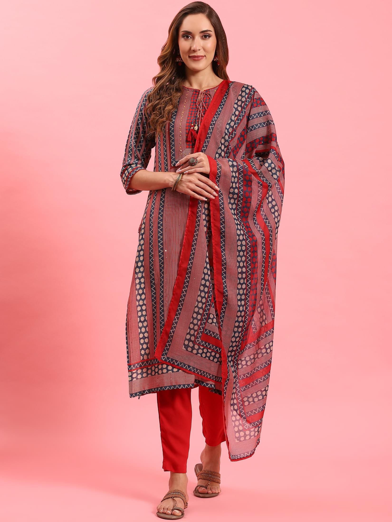 Women Red Geometric Printed Kurta Trouser Dupatta.