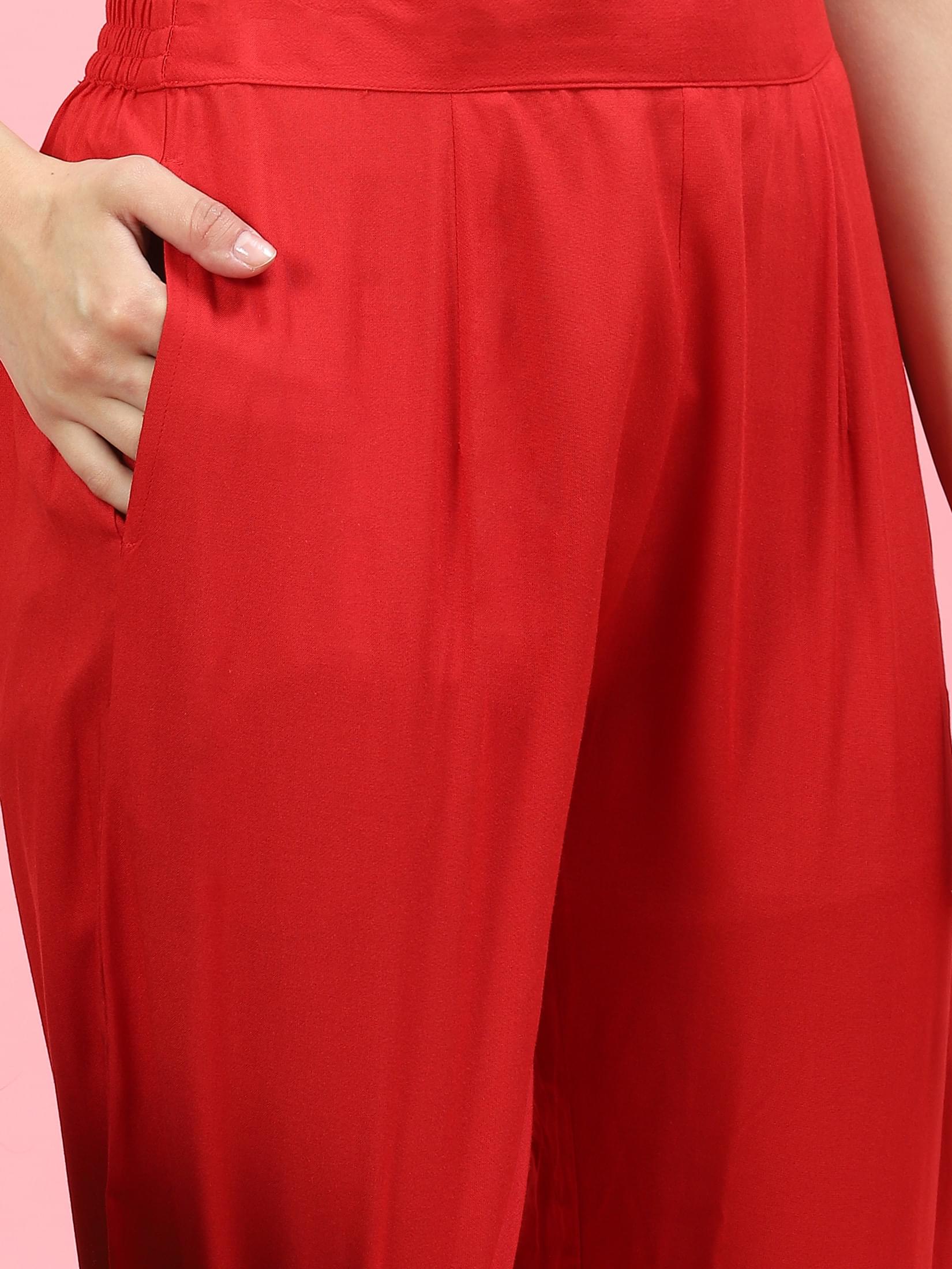 Women Red Geometric Printed Kurta Trouser Dupatta.