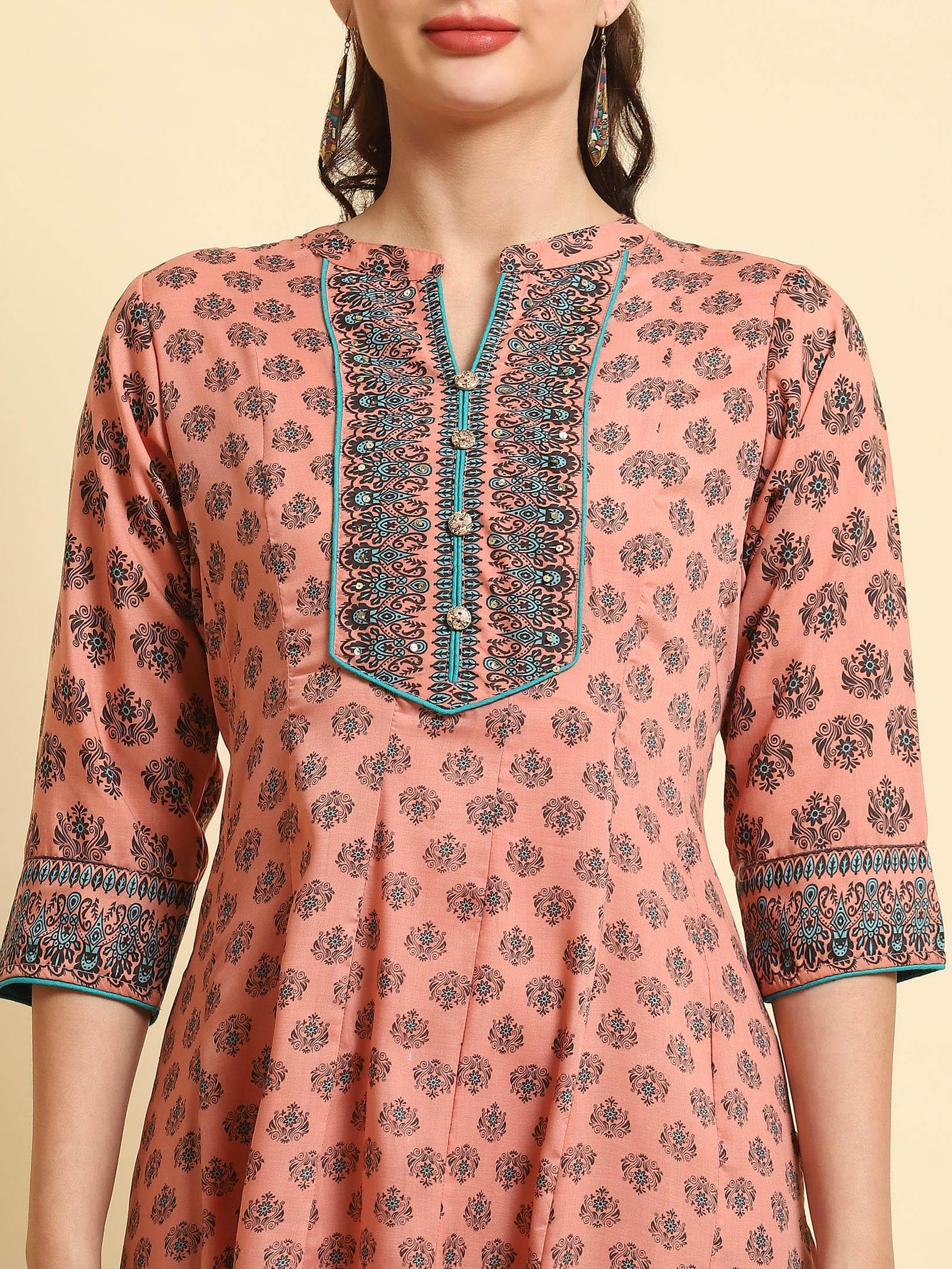 Women Peach Ornamental Printed Dress.