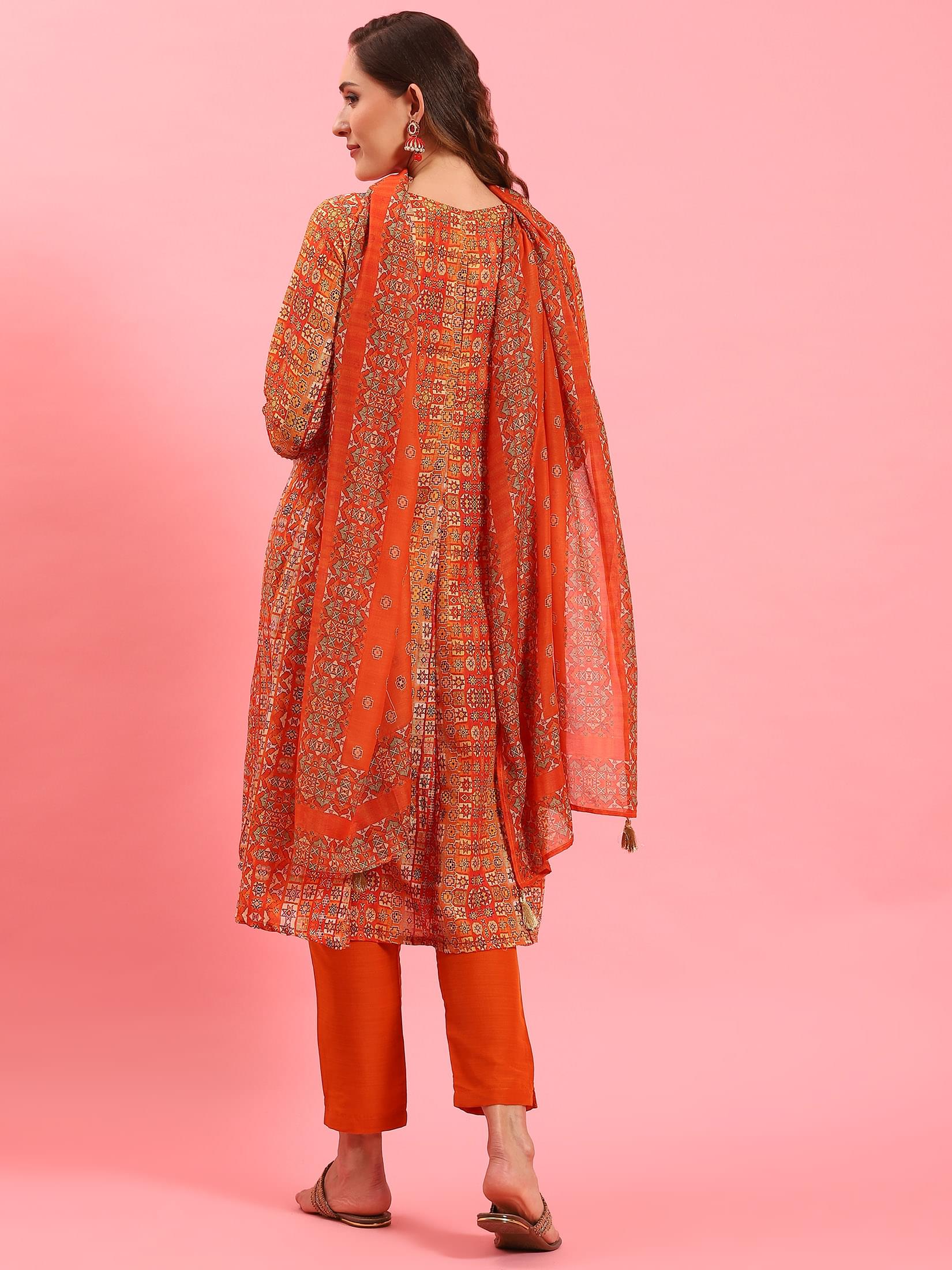 Women Orange Ornamental Printed Kurta Trouser Dupatta.