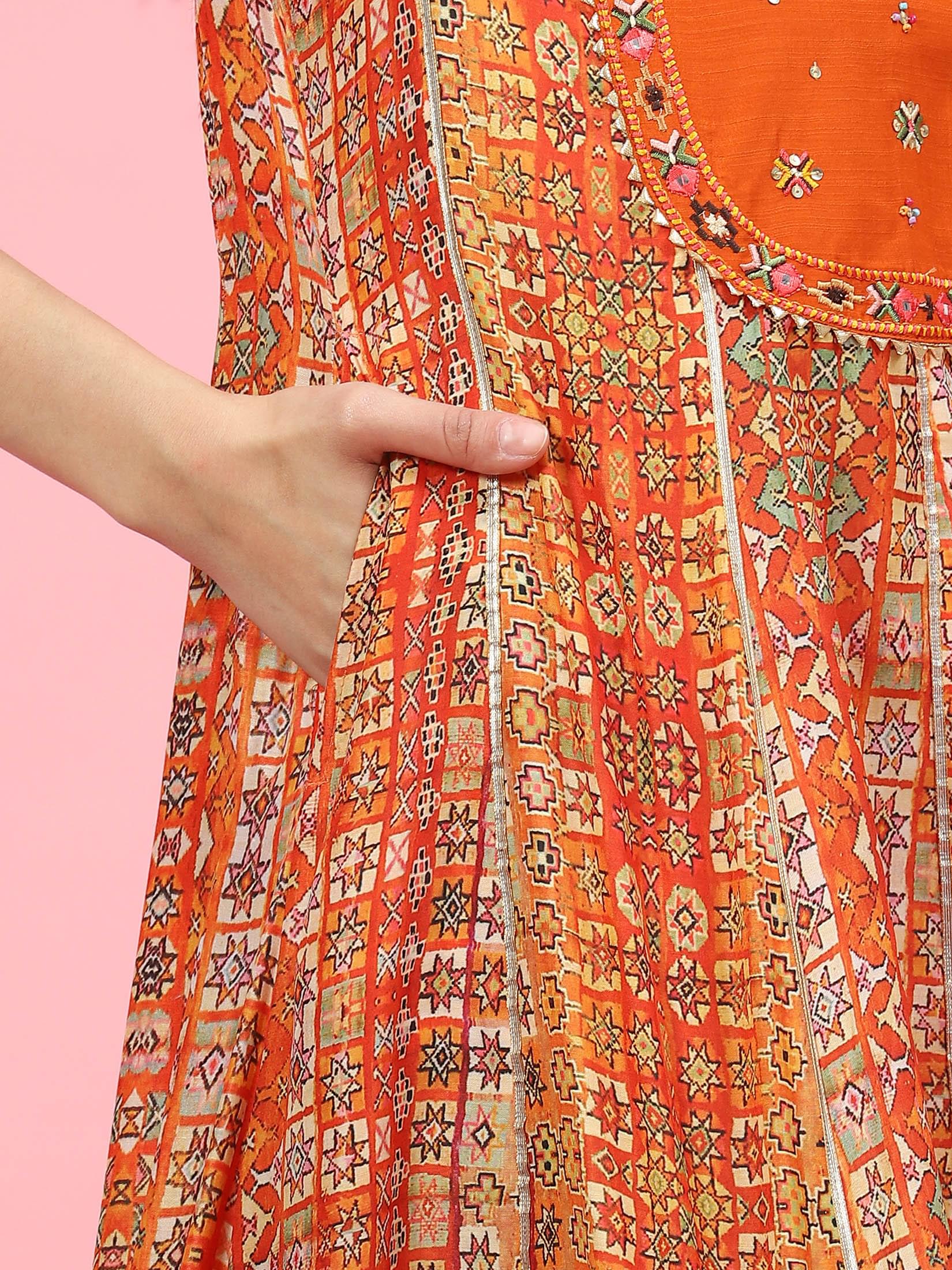Women Orange Ornamental Printed Kurta Trouser Dupatta.