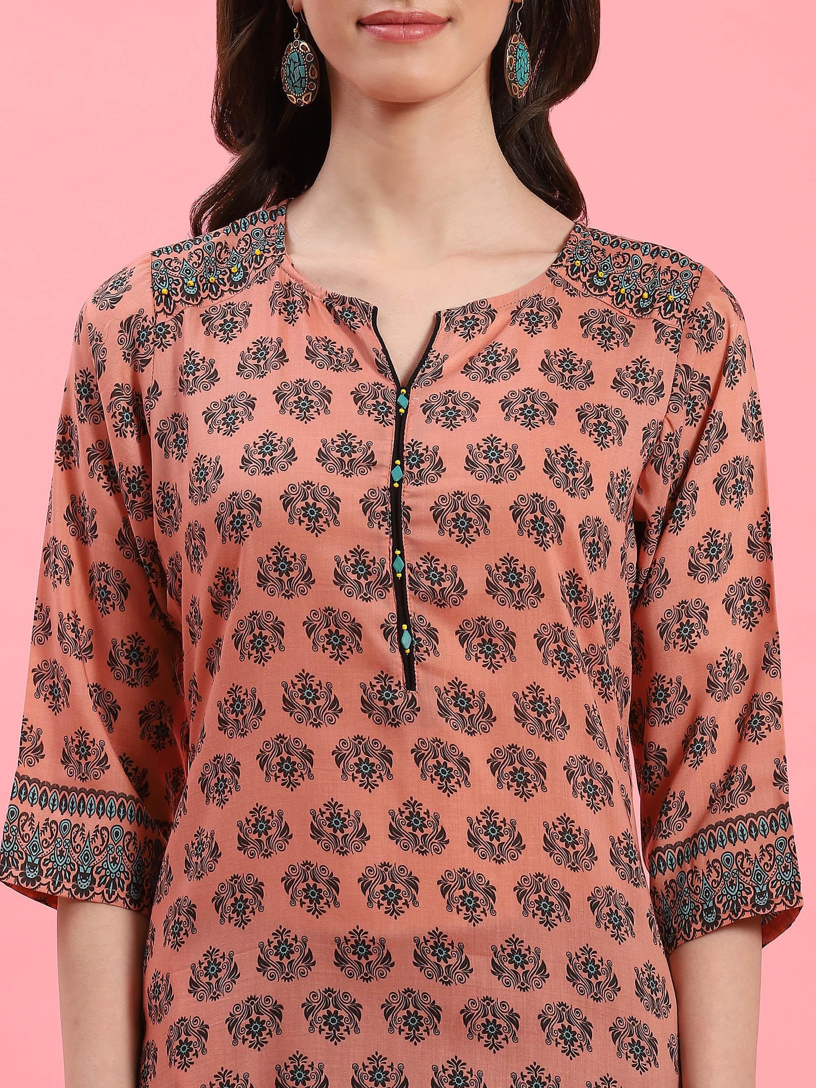 Women Peach Ornamental Printed Kurti.