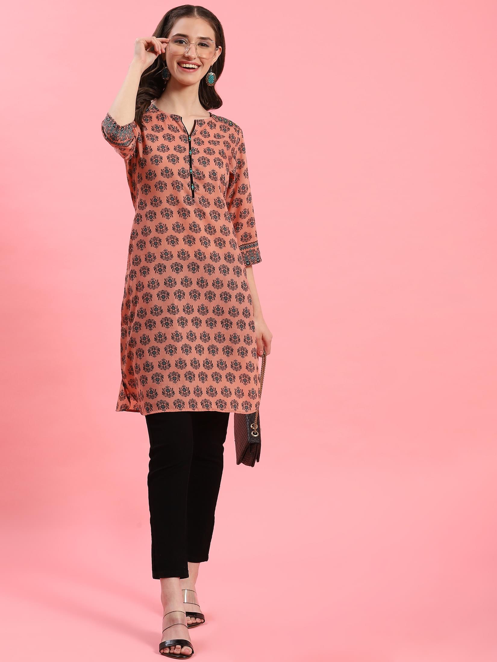 Women Peach Ornamental Printed Kurti.