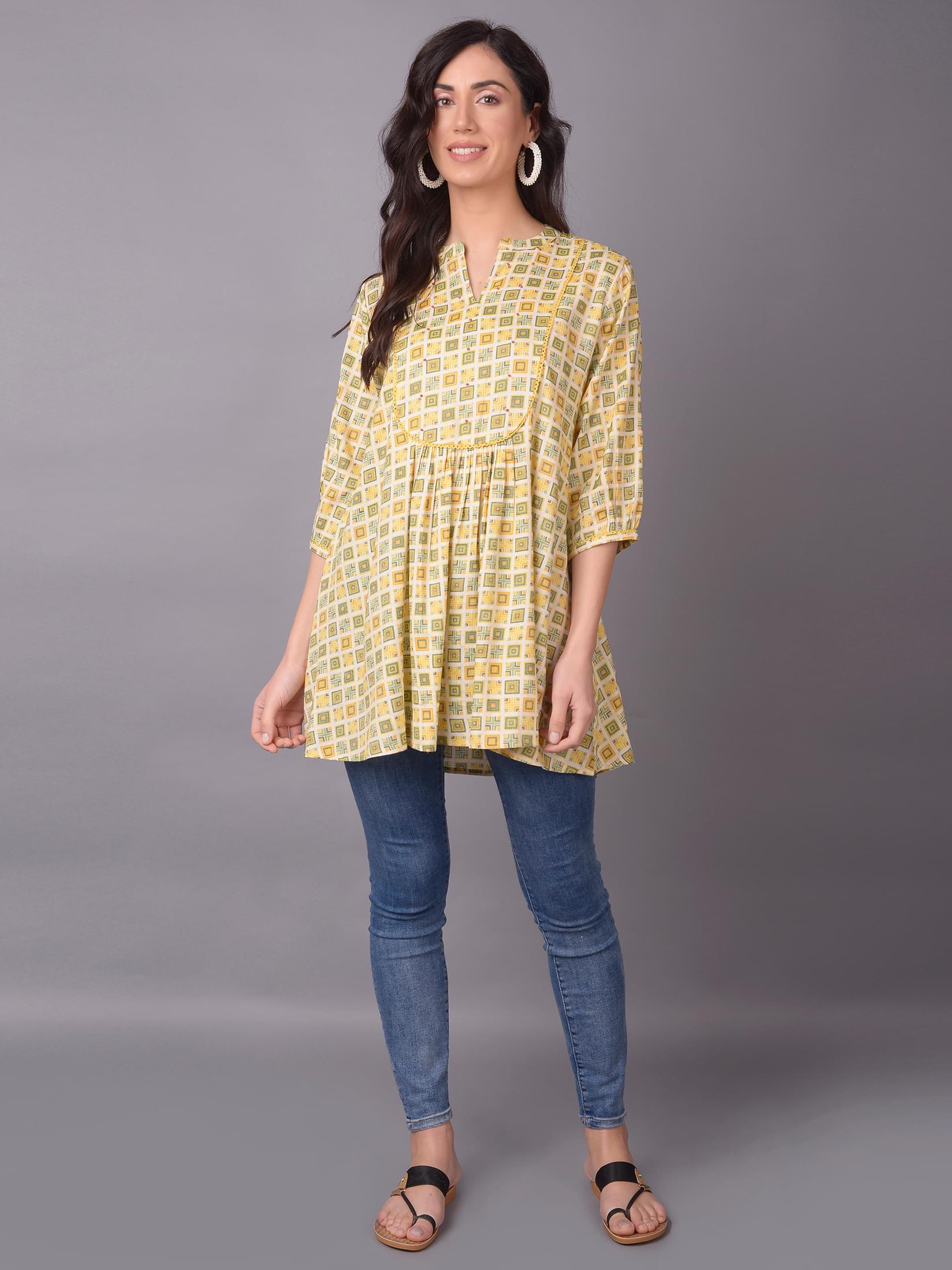 Women Mustard Liva (Rayon) Geometric Printed Tunic.