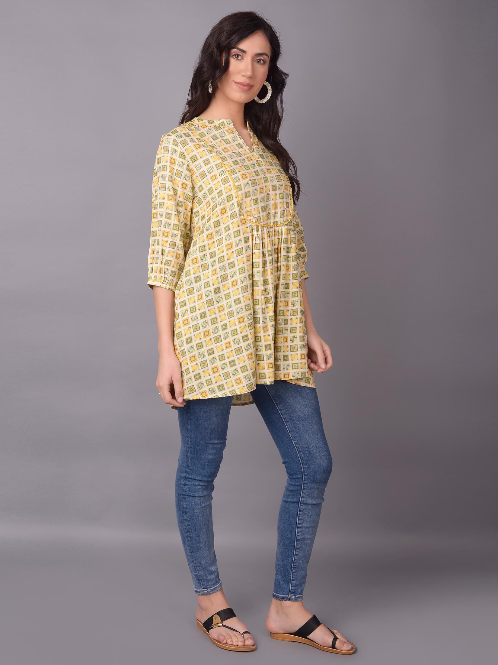 Women Mustard Liva (Rayon) Geometric Printed Tunic.