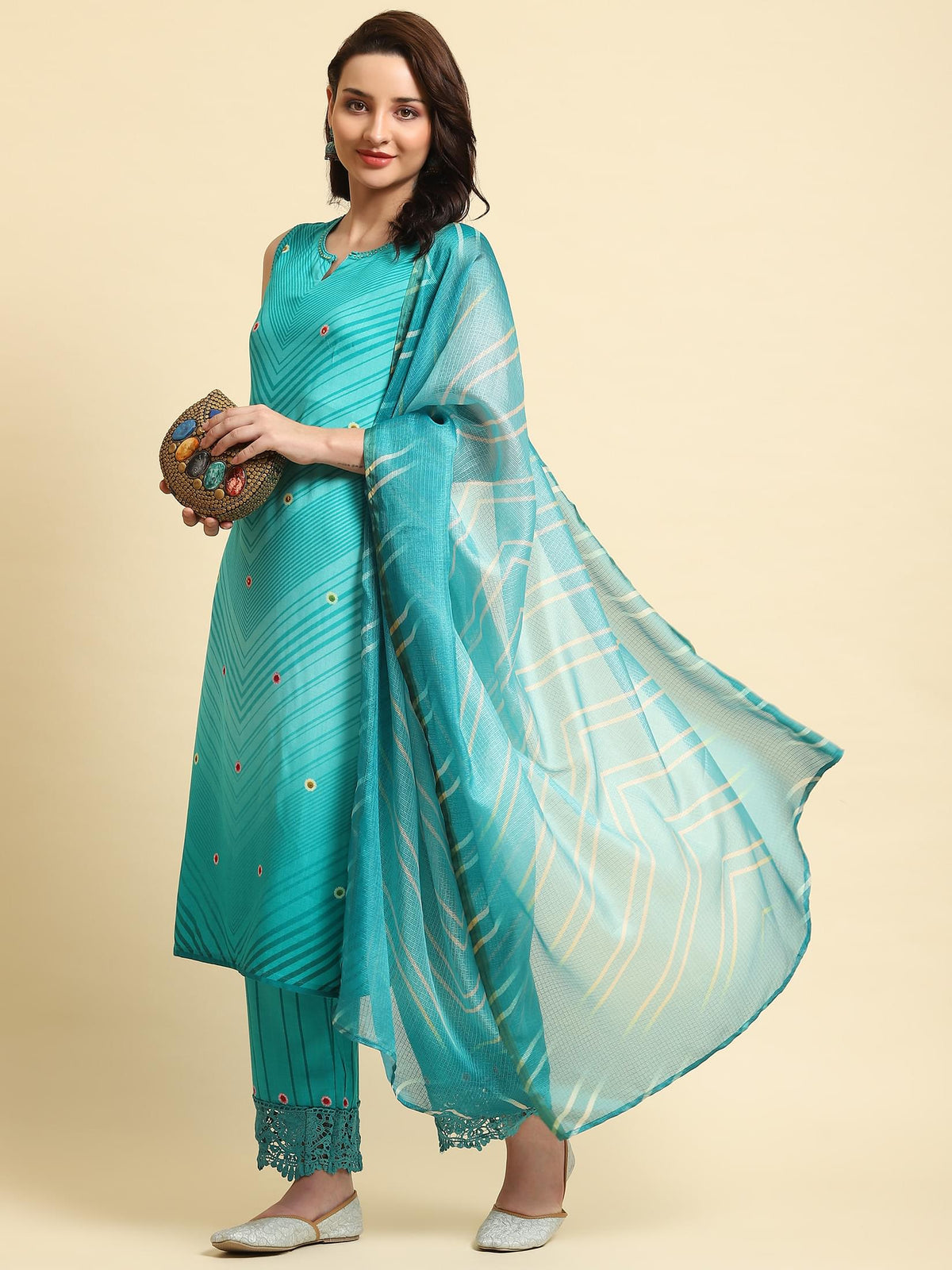 Women Blue Geometric Print Kurta Comfort Pant Dupatta.