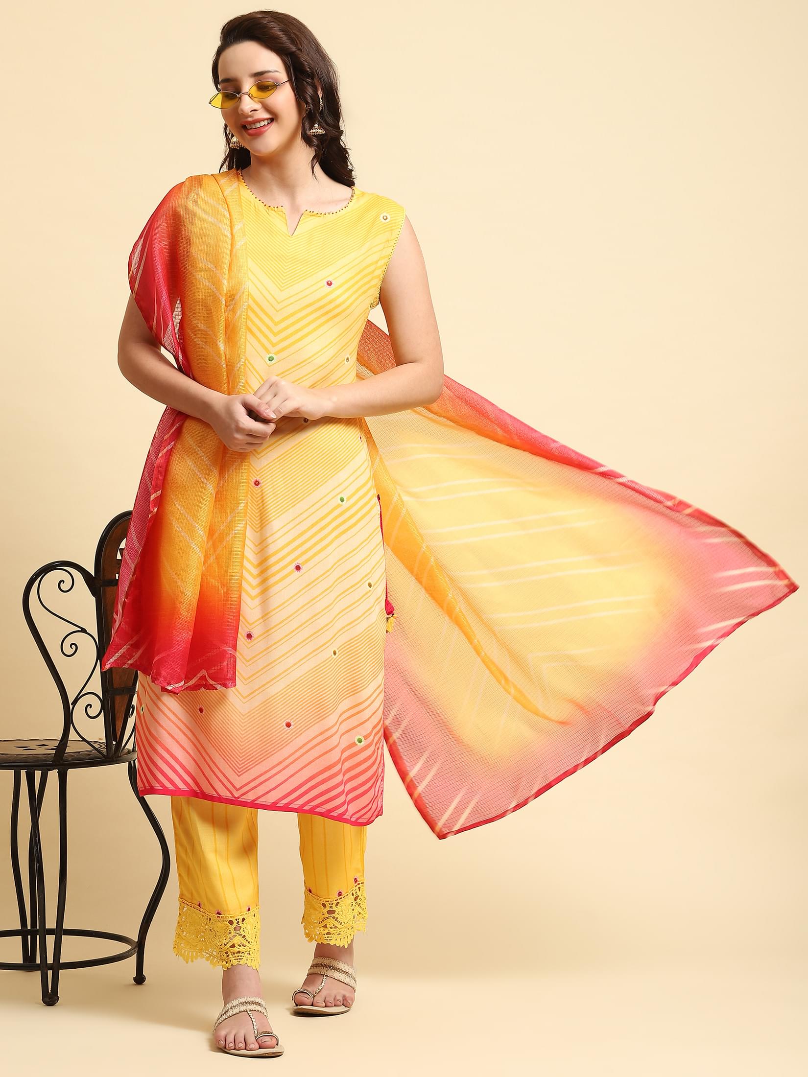 Women Yellow Geometric Printed Kurta Comfort Pant Dupatta.