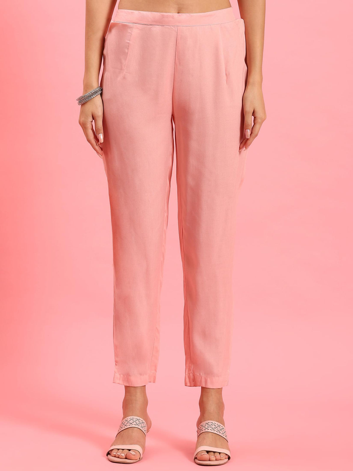 Women Peach Tiered Kurta Trouser Dupatta.