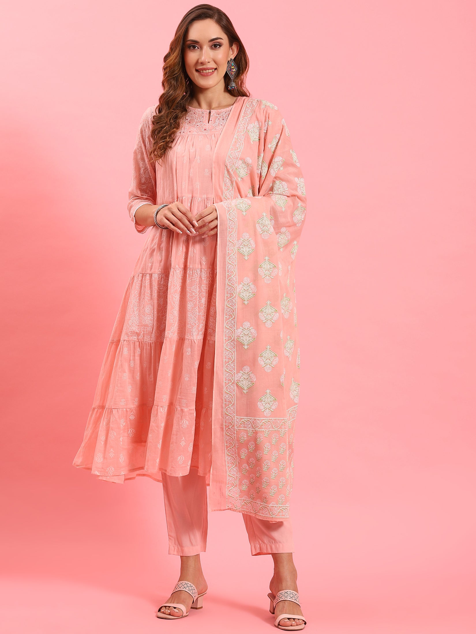 Women's Ethnic Straight Peach Printed Kurta Sets with Trousers & Dupatta main image 1