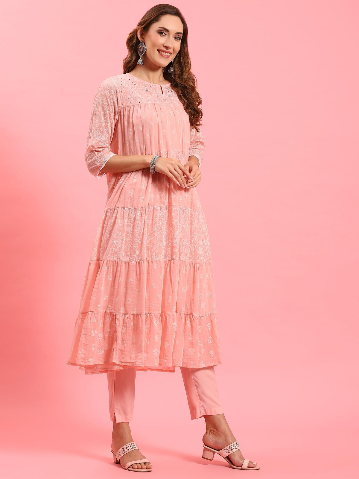 Women Peach Tiered Kurta Trouser Dupatta.