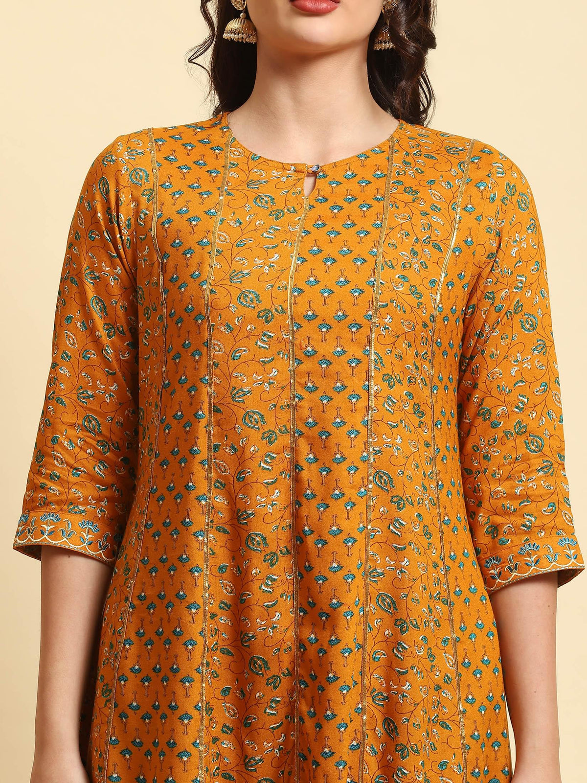 Women Yellow A-line Printed Kurta Trouser Dupatta.