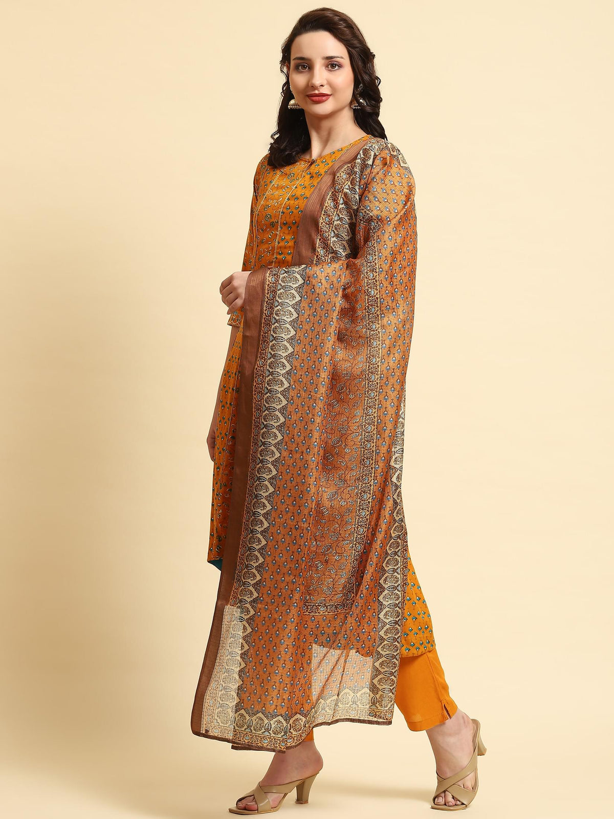 Women Yellow A-line Printed Kurta Trouser Dupatta.