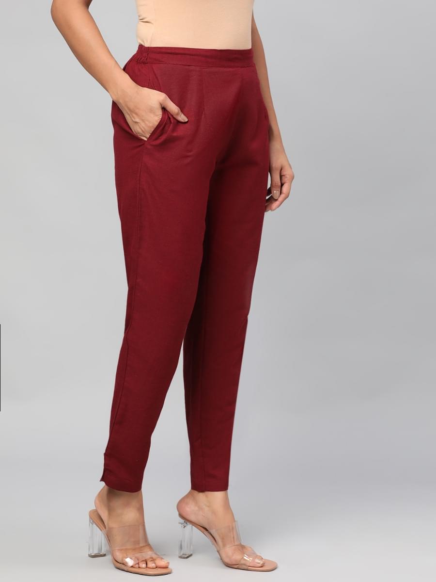 Women Burgundy Solid Trouser.