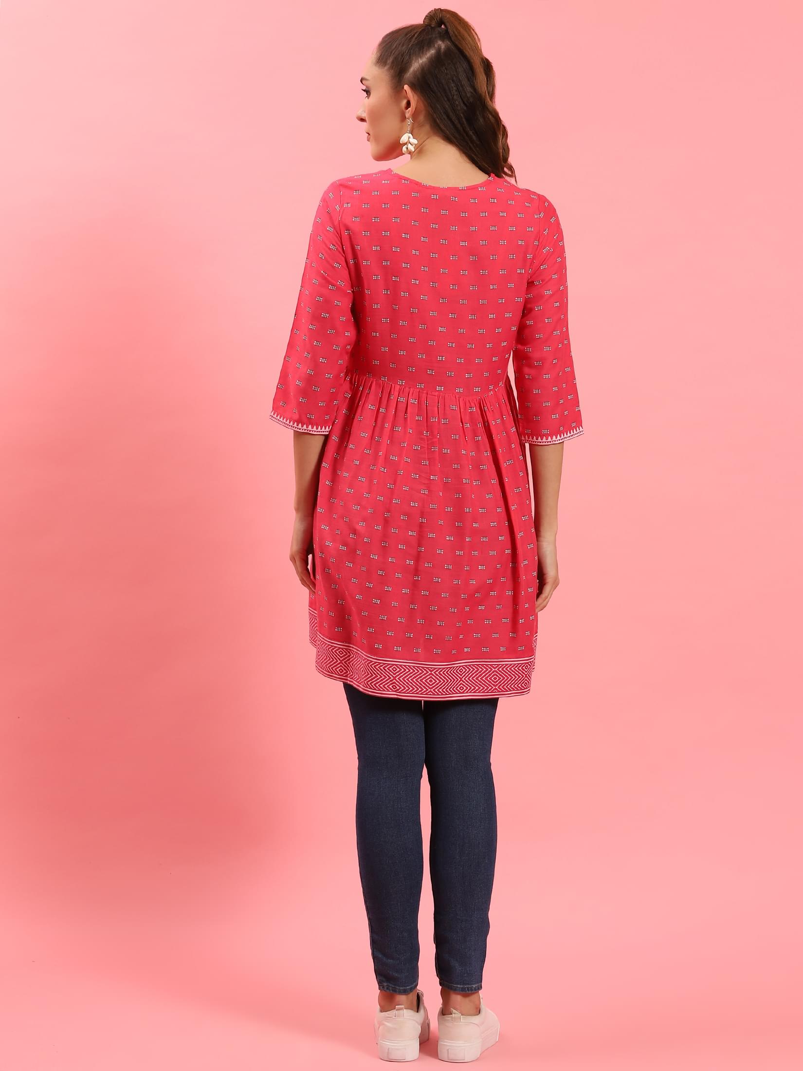 Women Fuchsia Fit And Flare Printed Tunic.