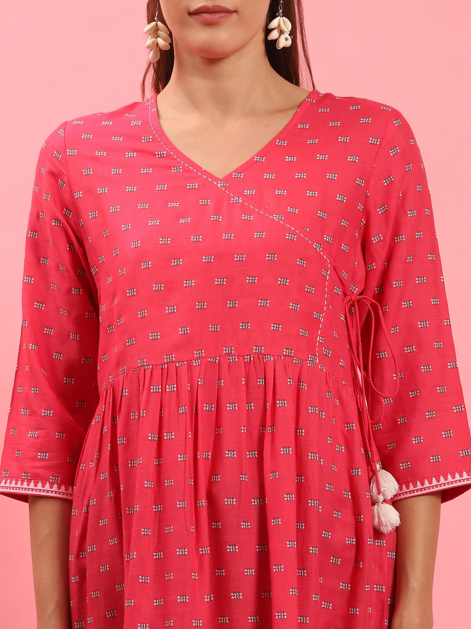 Women Fuchsia Fit And Flare Printed Tunic.