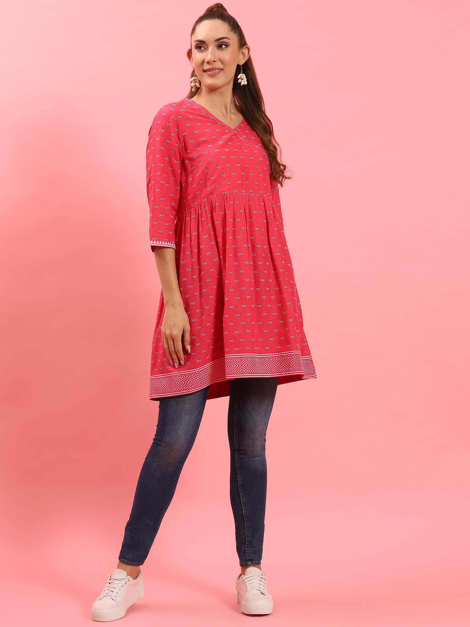 Women Fuchsia Fit And Flare Printed Tunic.