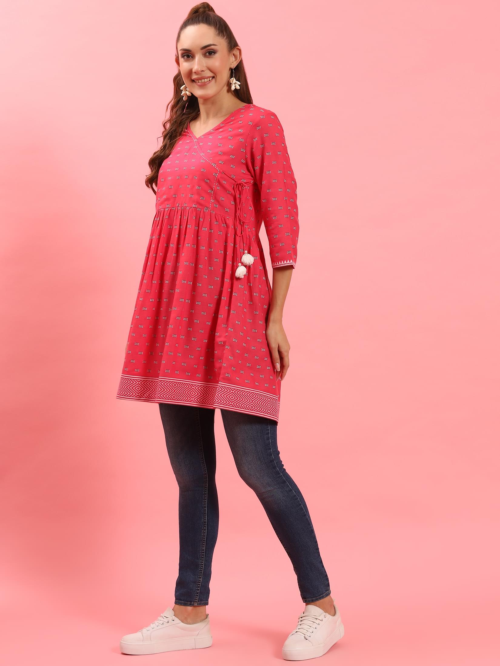 Women Fuchsia Fit And Flare Printed Tunic.
